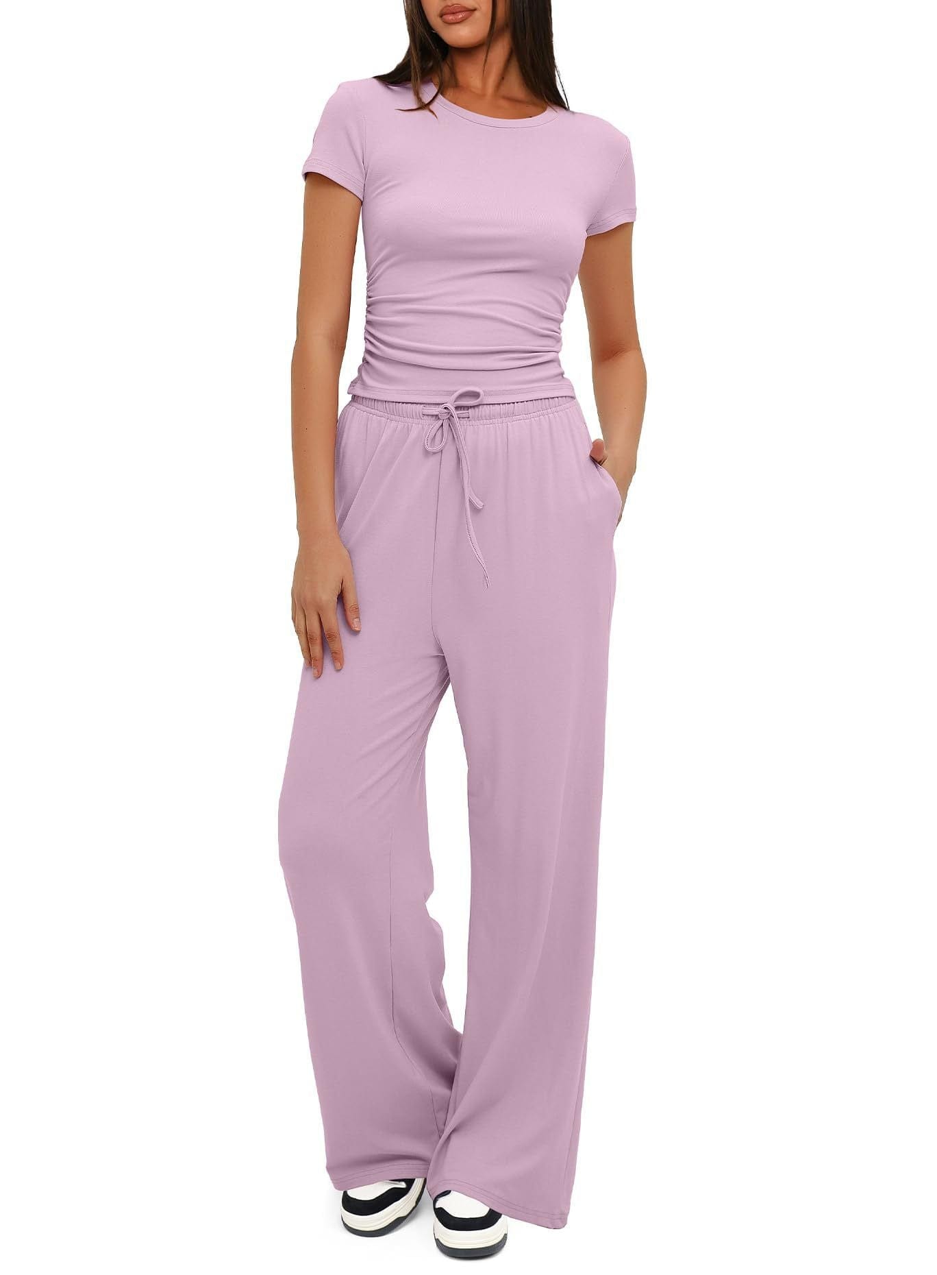 2pcs Solid Color Casual Sports Yoga Suit Short - sleeved Top And High - waisted Drawstring Wide - leg Pants Summer Fashion Set For Womens Clothing - Xpressa