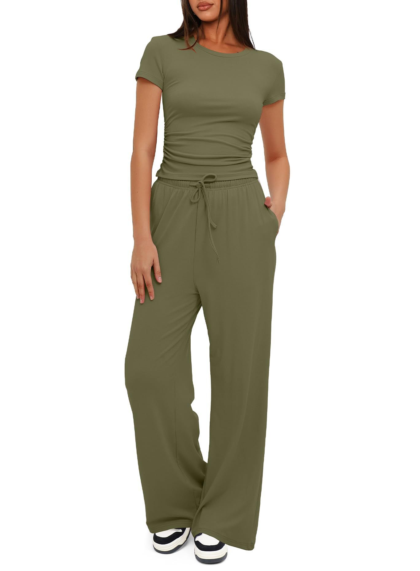 2pcs Solid Color Casual Sports Yoga Suit Short - sleeved Top And High - waisted Drawstring Wide - leg Pants Summer Fashion Set For Womens Clothing - Xpressa
