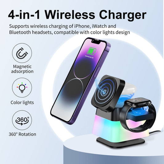 4 In 1 Rotatable Colorful Lighting Wireless Charger Stand For Phone 15 14 13 12 Pro Max 8 7 Holder Magnetic Fast Charging Station - Xpressa