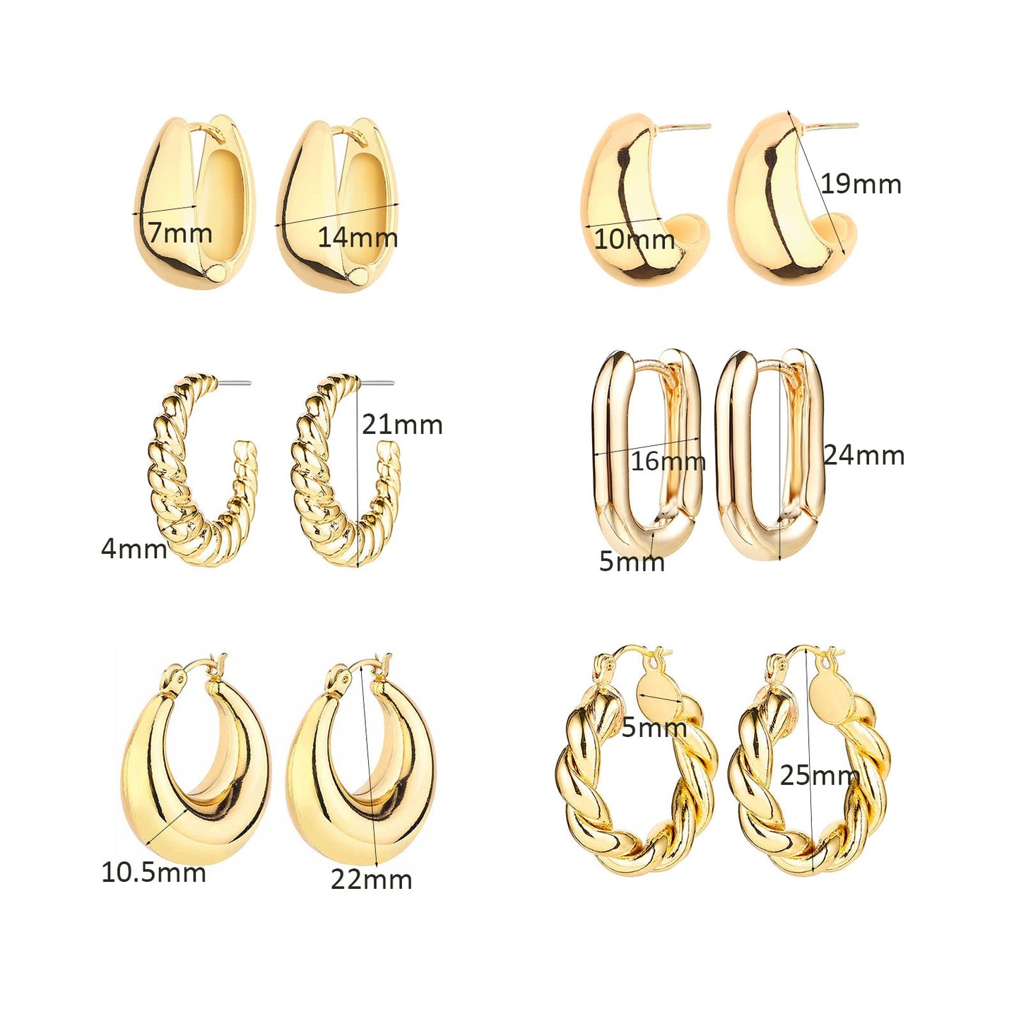 6 Pairs 14K Gold Hoop Earrings for Women Lightweight Chunky Hoop Earrings Multipack Hypoallergenic, Thick Open Twisted Huggie Hoops Earring Set Jewelry for Gifts. - Xpressa