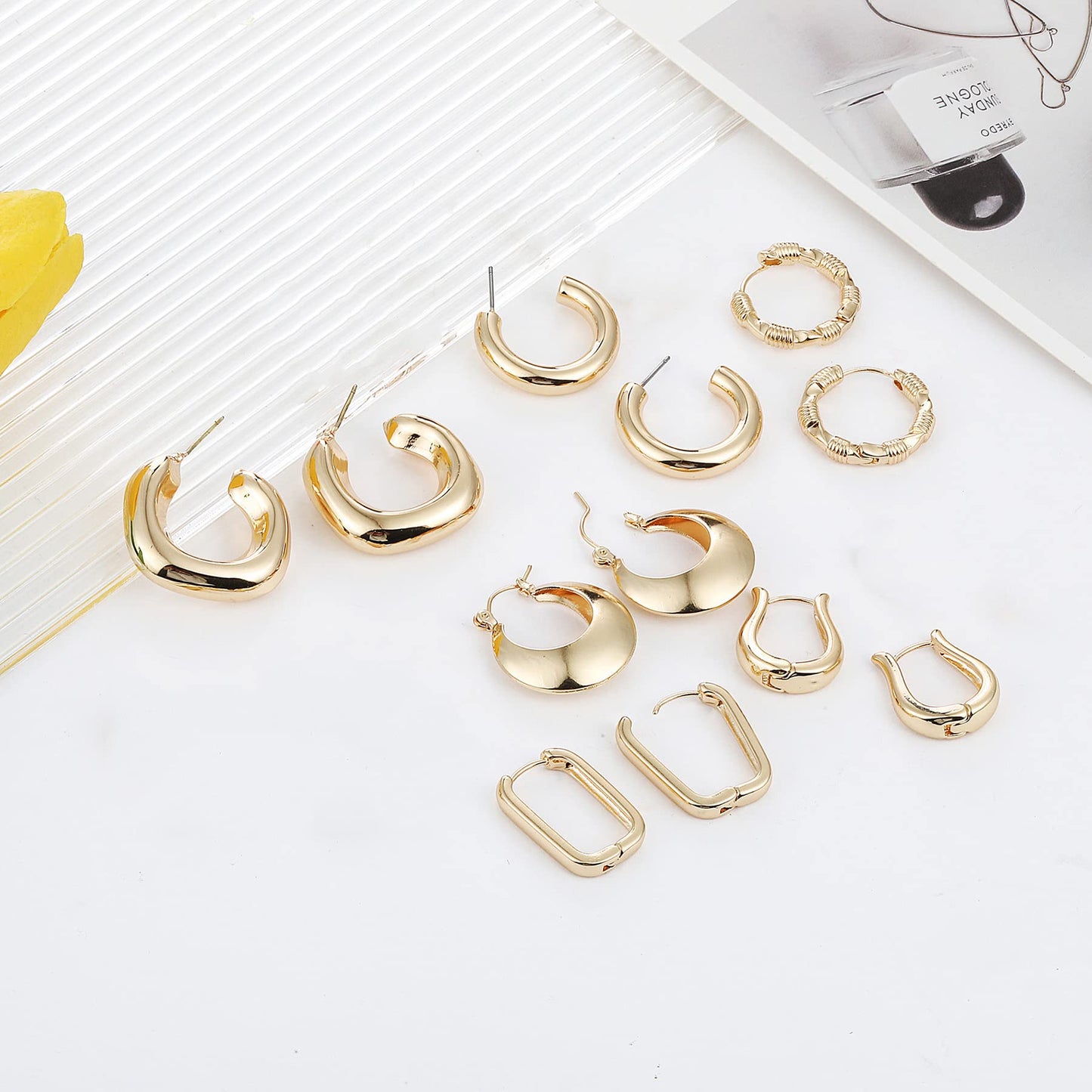 6 Pairs 14K Gold Hoop Earrings for Women Lightweight Chunky Hoop Earrings Multipack Hypoallergenic, Thick Open Twisted Huggie Hoops Earring Set Jewelry for Gifts. - Xpressa