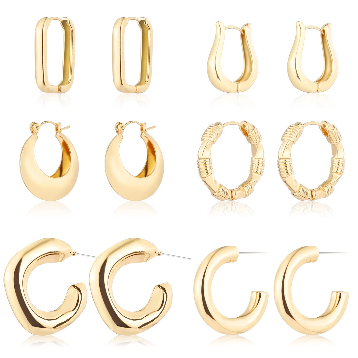 6 Pairs 14K Gold Hoop Earrings for Women Lightweight Chunky Hoop Earrings Multipack Hypoallergenic, Thick Open Twisted Huggie Hoops Earring Set Jewelry for Gifts. - Xpressa