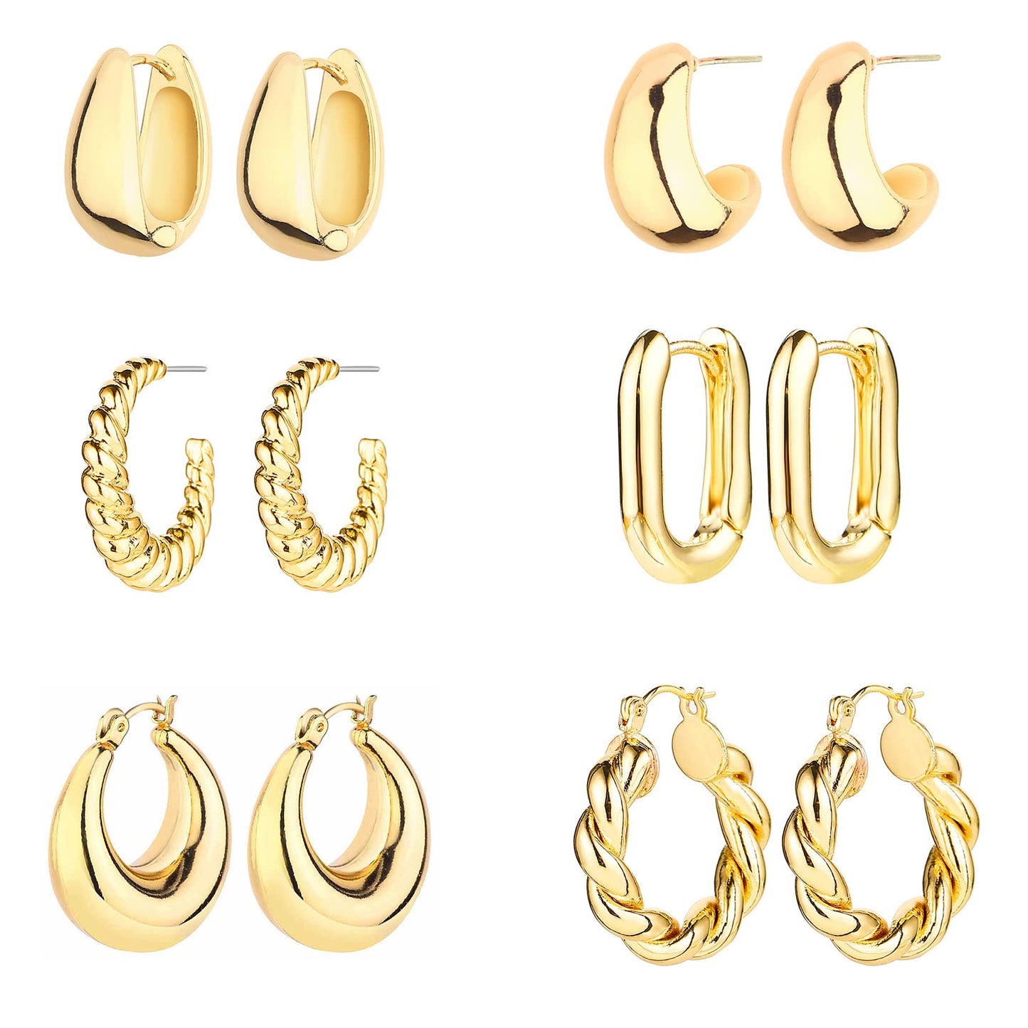 6 Pairs 14K Gold Hoop Earrings for Women Lightweight Chunky Hoop Earrings Multipack Hypoallergenic, Thick Open Twisted Huggie Hoops Earring Set Jewelry for Gifts. - Xpressa