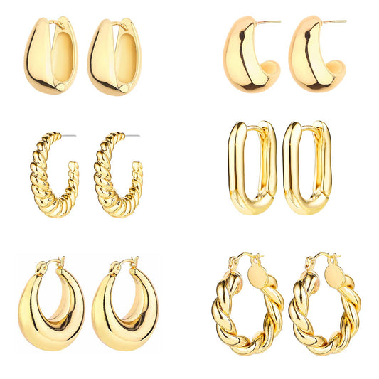 6 Pairs 14K Gold Hoop Earrings for Women Lightweight Chunky Hoop Earrings Multipack Hypoallergenic, Thick Open Twisted Huggie Hoops Earring Set Jewelry for Gifts. - Xpressa