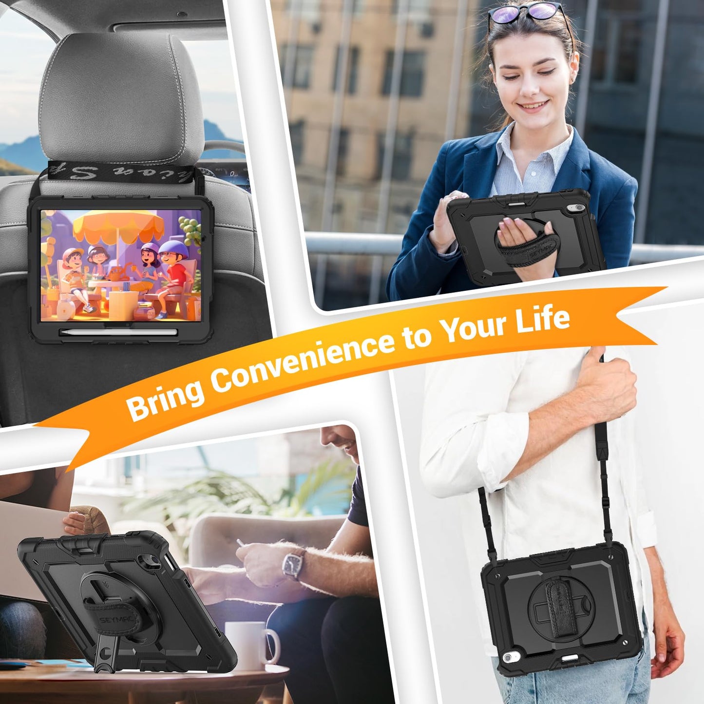 SEYMAC Case for iPad Air 11 Inch M3 2025/M2 2024 (Air 7th/6th Generation), Heavy Duty Shockproof Protective Case with Screen Protector, Rotating Stand and Hand/Shoulder Strap, Black