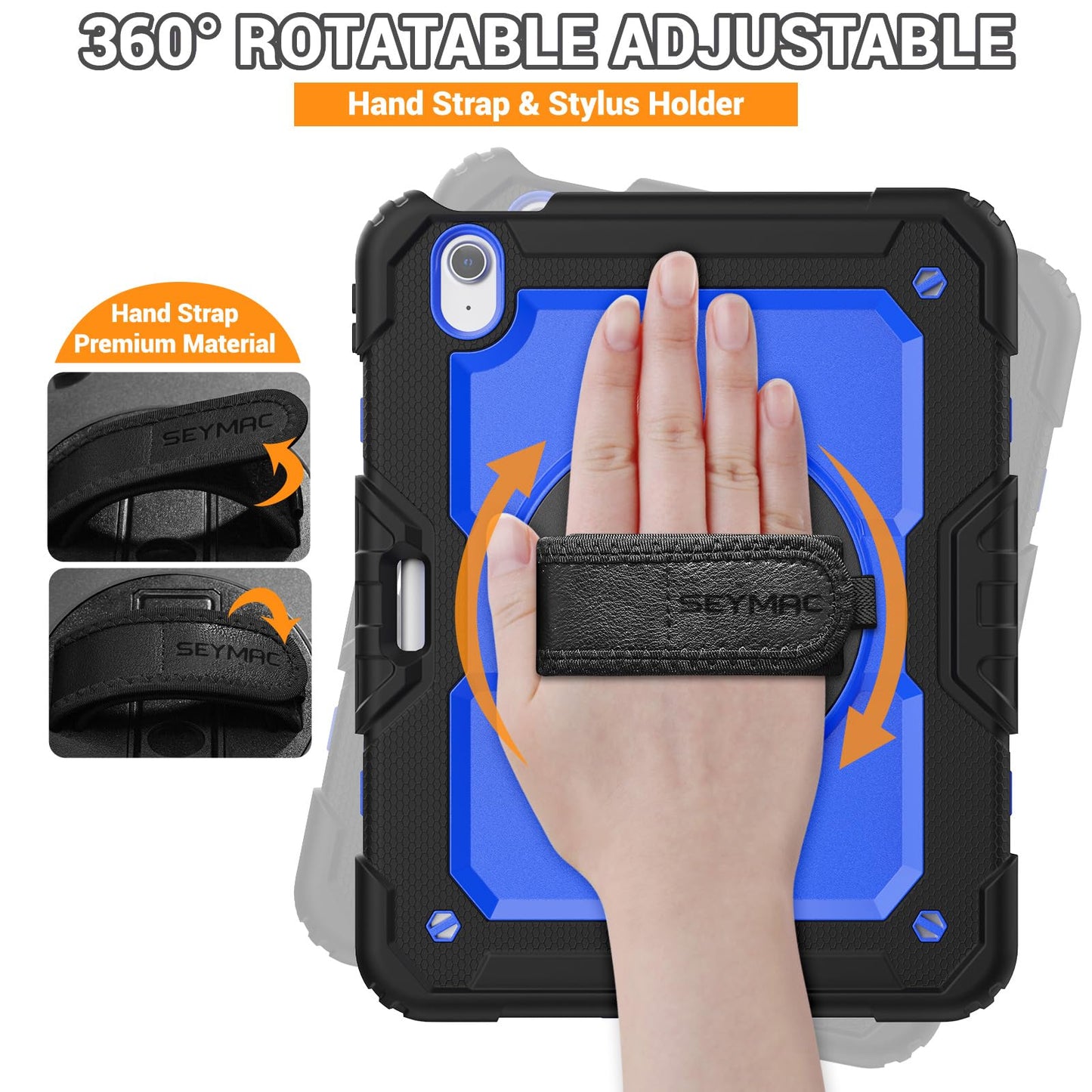 SEYMAC Case for iPad Air 11 Inch M3 2025/M2 2024 (Air 7th/6th Generation), Heavy Duty Shockproof Protective Case with Screen Protector, Rotating Stand and Hand/Shoulder Strap, Black