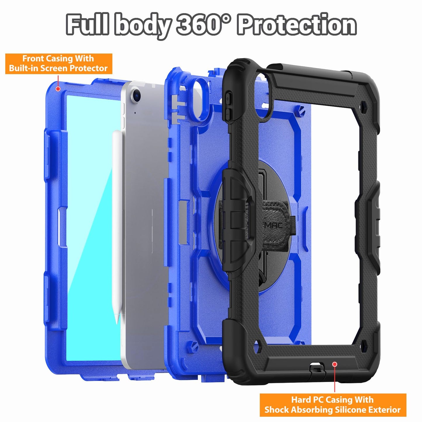 SEYMAC Case for iPad Air 11 Inch M3 2025/M2 2024 (Air 7th/6th Generation), Heavy Duty Shockproof Protective Case with Screen Protector, Rotating Stand and Hand/Shoulder Strap, Black