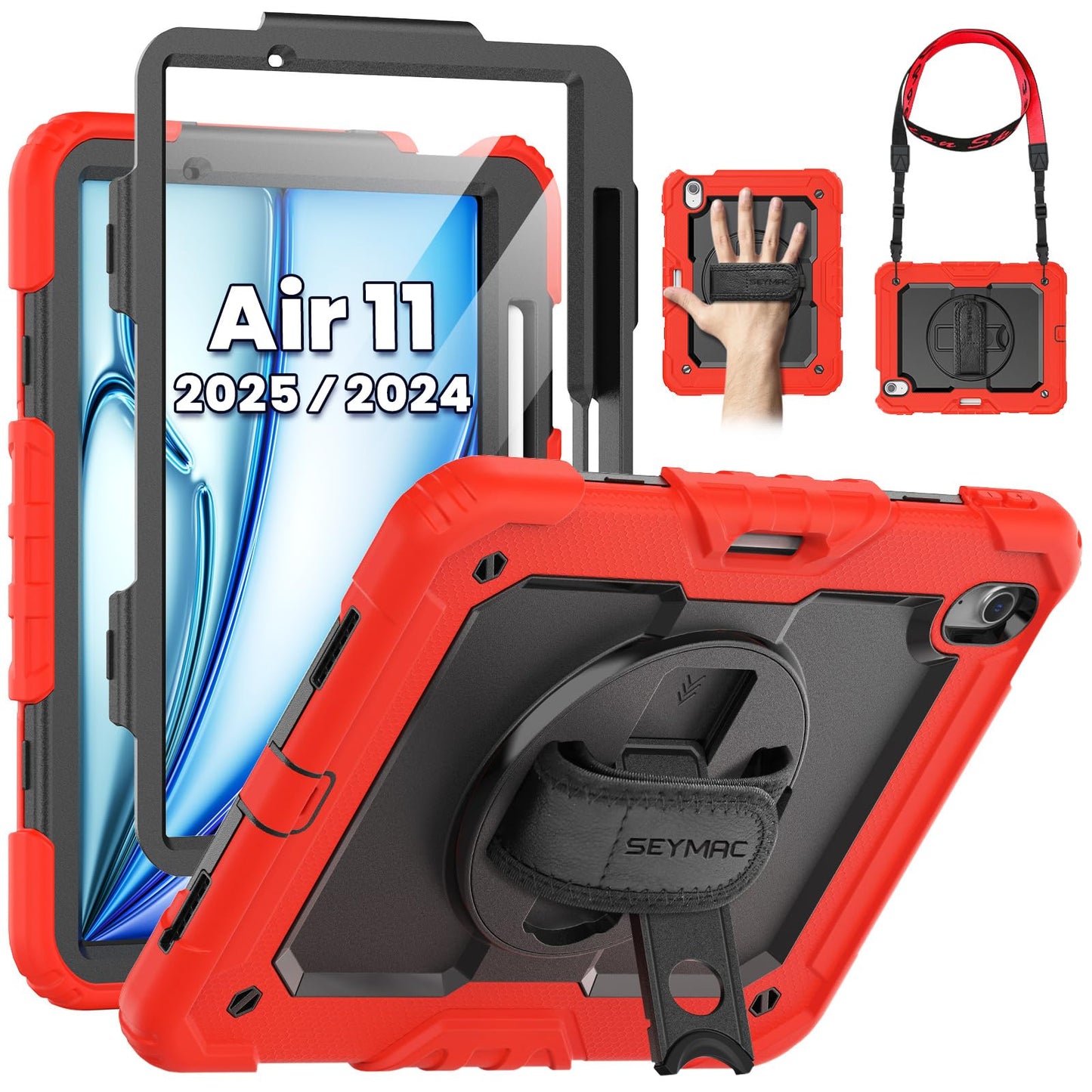SEYMAC Case for iPad Air 11 Inch M3 2025/M2 2024 (Air 7th/6th Generation), Heavy Duty Shockproof Protective Case with Screen Protector, Rotating Stand and Hand/Shoulder Strap, Black