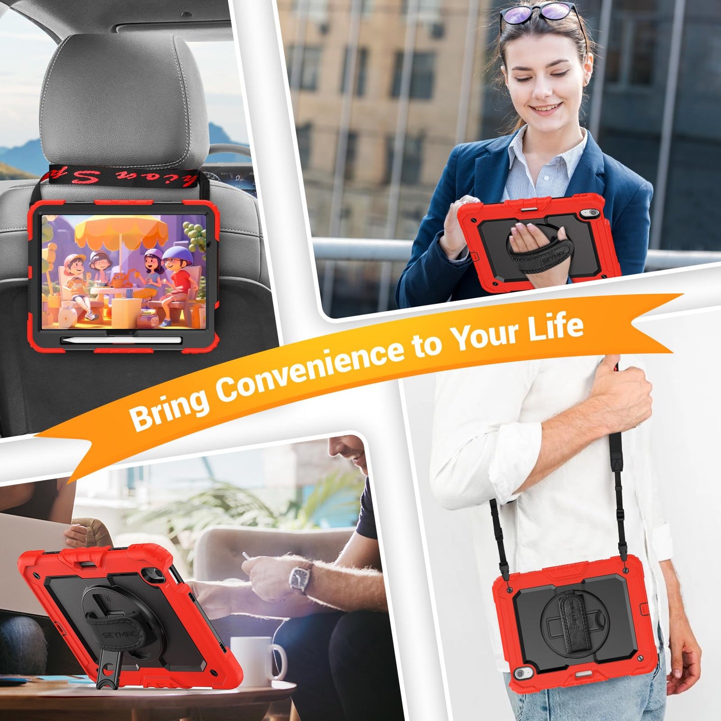 SEYMAC Case for iPad Air 11 Inch M3 2025/M2 2024 (Air 7th/6th Generation), Heavy Duty Shockproof Protective Case with Screen Protector, Rotating Stand and Hand/Shoulder Strap, Black