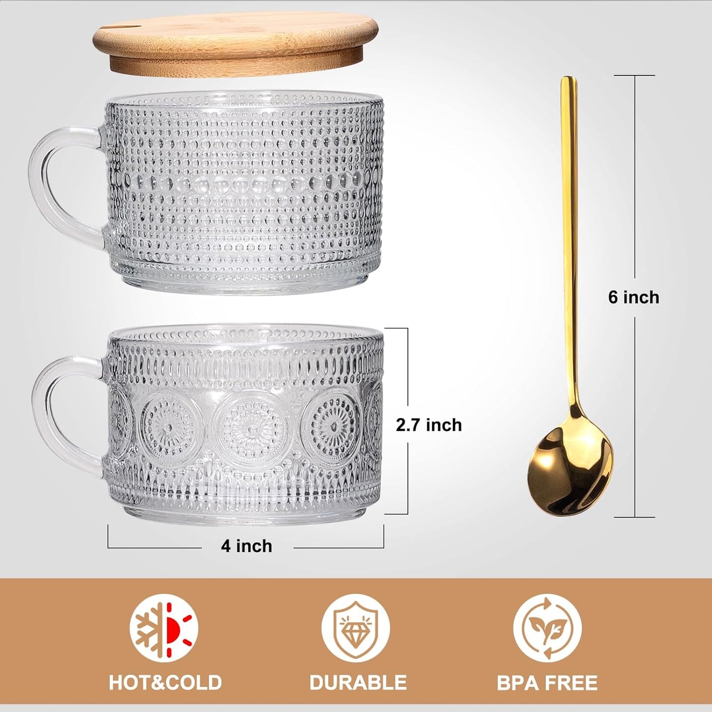 Vintage Coffee Mugs 4pcs Set, Clear Embossed Tea Cups with Bamboo Lids and Spoons, 14 Oz Glass Coffee Cups, Cute Coffee Bar Accessories, Iced Coffee Glasses, Ideal for Cappuccino, Latte (Transparent)