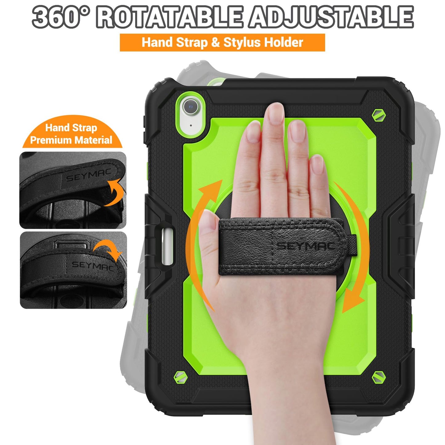 SEYMAC Case for iPad Air 11 Inch M3 2025/M2 2024 (Air 7th/6th Generation), Heavy Duty Shockproof Protective Case with Screen Protector, Rotating Stand and Hand/Shoulder Strap, Black