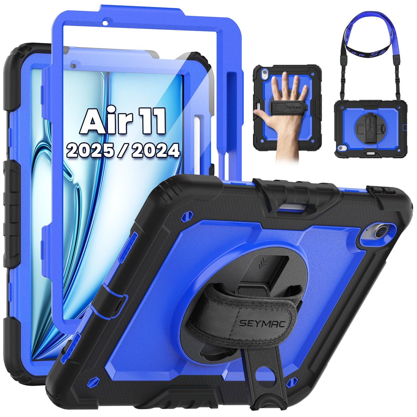 SEYMAC Case for iPad Air 11 Inch M3 2025/M2 2024 (Air 7th/6th Generation), Heavy Duty Shockproof Protective Case with Screen Protector, Rotating Stand and Hand/Shoulder Strap, Black