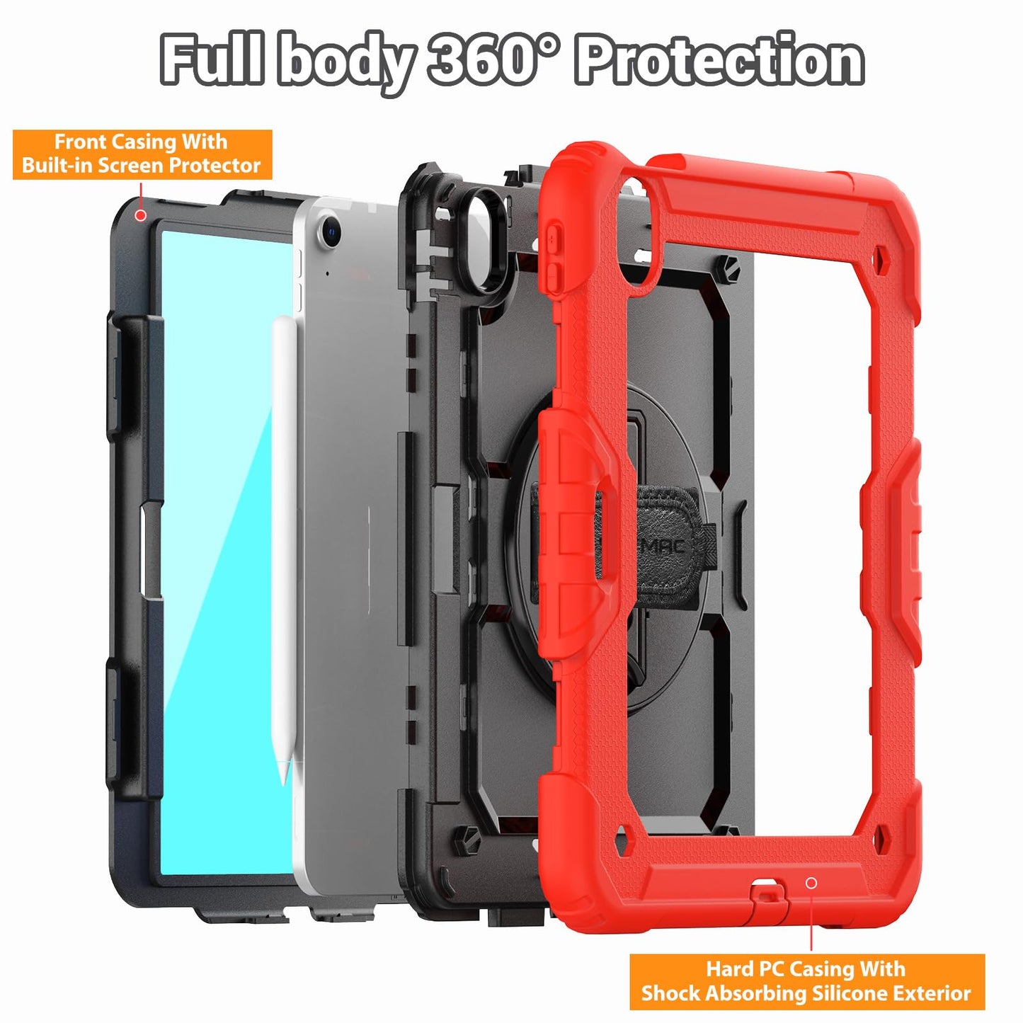 SEYMAC Case for iPad Air 11 Inch M3 2025/M2 2024 (Air 7th/6th Generation), Heavy Duty Shockproof Protective Case with Screen Protector, Rotating Stand and Hand/Shoulder Strap, Black