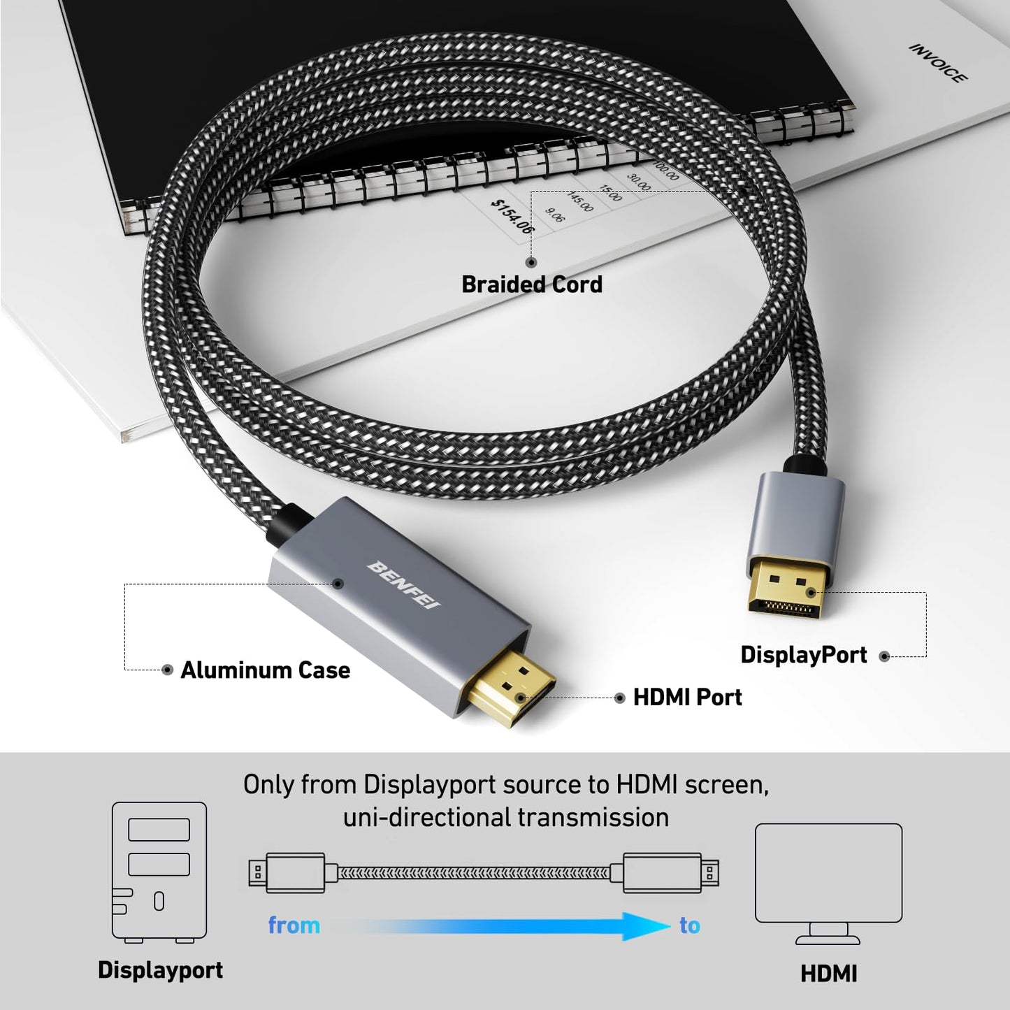 BENFEI 4K DisplayPort to HDMI Cable 1.8M, Uni-Directional DisplayPort to HDMI Cable Gold Plated Cord for Lenovo, HP, ASUS, Dell and Other Brands