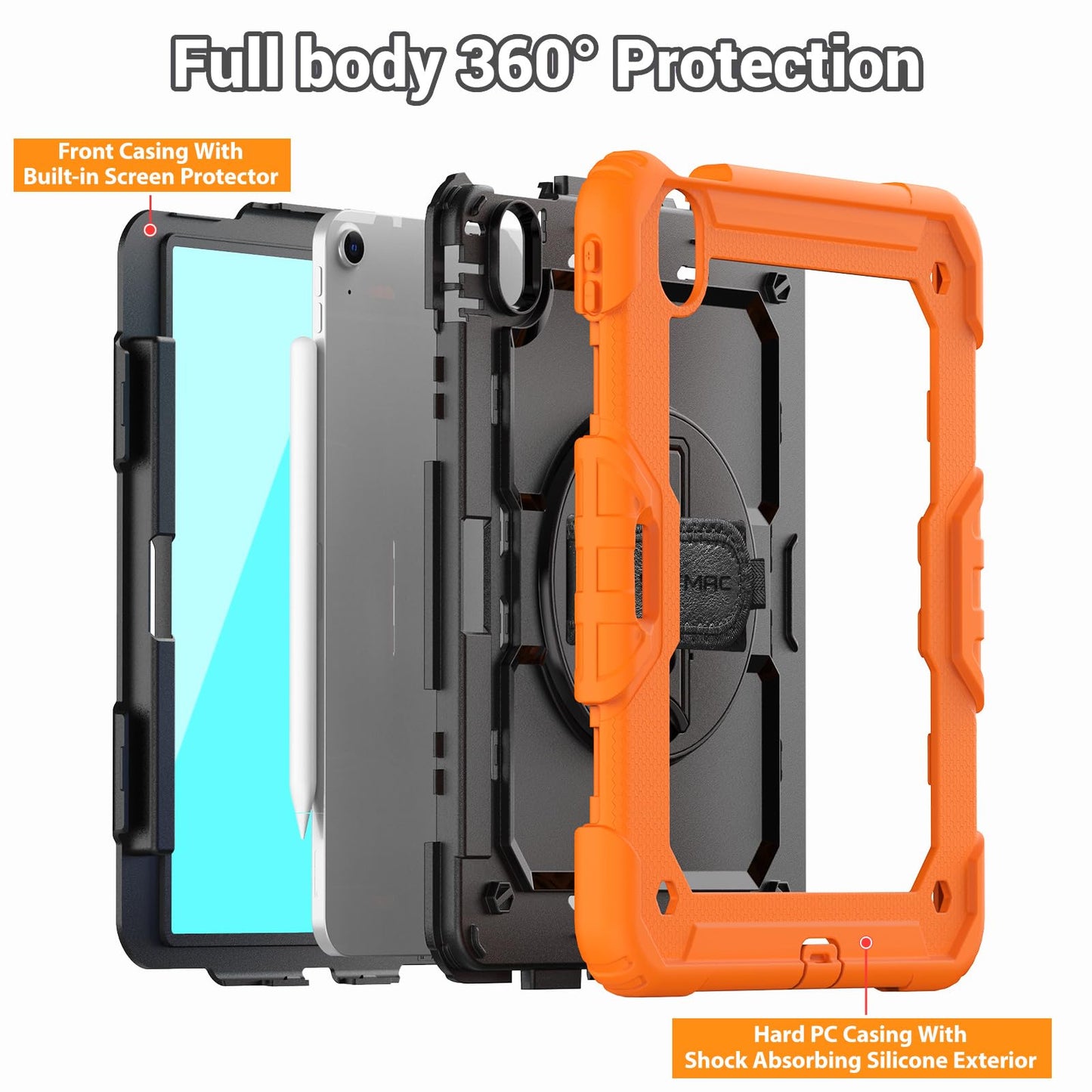 SEYMAC Case for iPad Air 11 Inch M3 2025/M2 2024 (Air 7th/6th Generation), Heavy Duty Shockproof Protective Case with Screen Protector, Rotating Stand and Hand/Shoulder Strap, Black