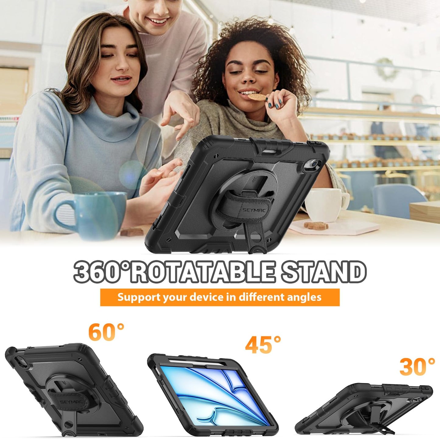 SEYMAC Case for iPad Air 11 Inch M3 2025/M2 2024 (Air 7th/6th Generation), Heavy Duty Shockproof Protective Case with Screen Protector, Rotating Stand and Hand/Shoulder Strap, Black