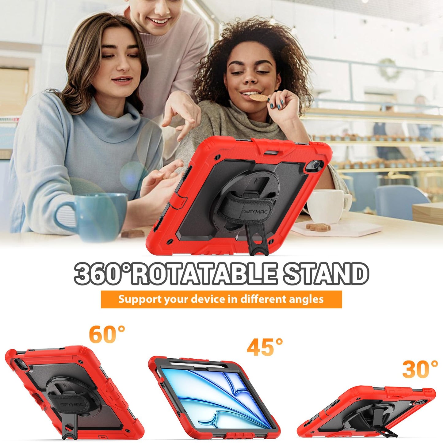 SEYMAC Case for iPad Air 11 Inch M3 2025/M2 2024 (Air 7th/6th Generation), Heavy Duty Shockproof Protective Case with Screen Protector, Rotating Stand and Hand/Shoulder Strap, Black