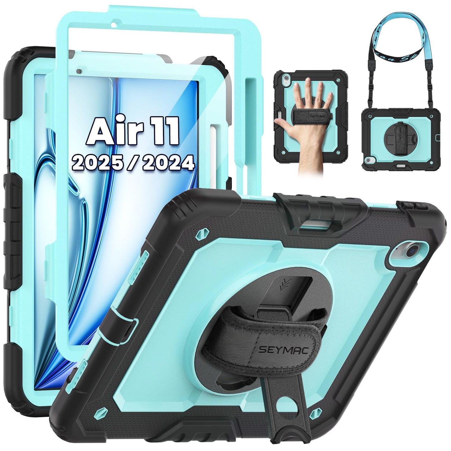 SEYMAC Case for iPad Air 11 Inch M3 2025/M2 2024 (Air 7th/6th Generation), Heavy Duty Shockproof Protective Case with Screen Protector, Rotating Stand and Hand/Shoulder Strap, Black