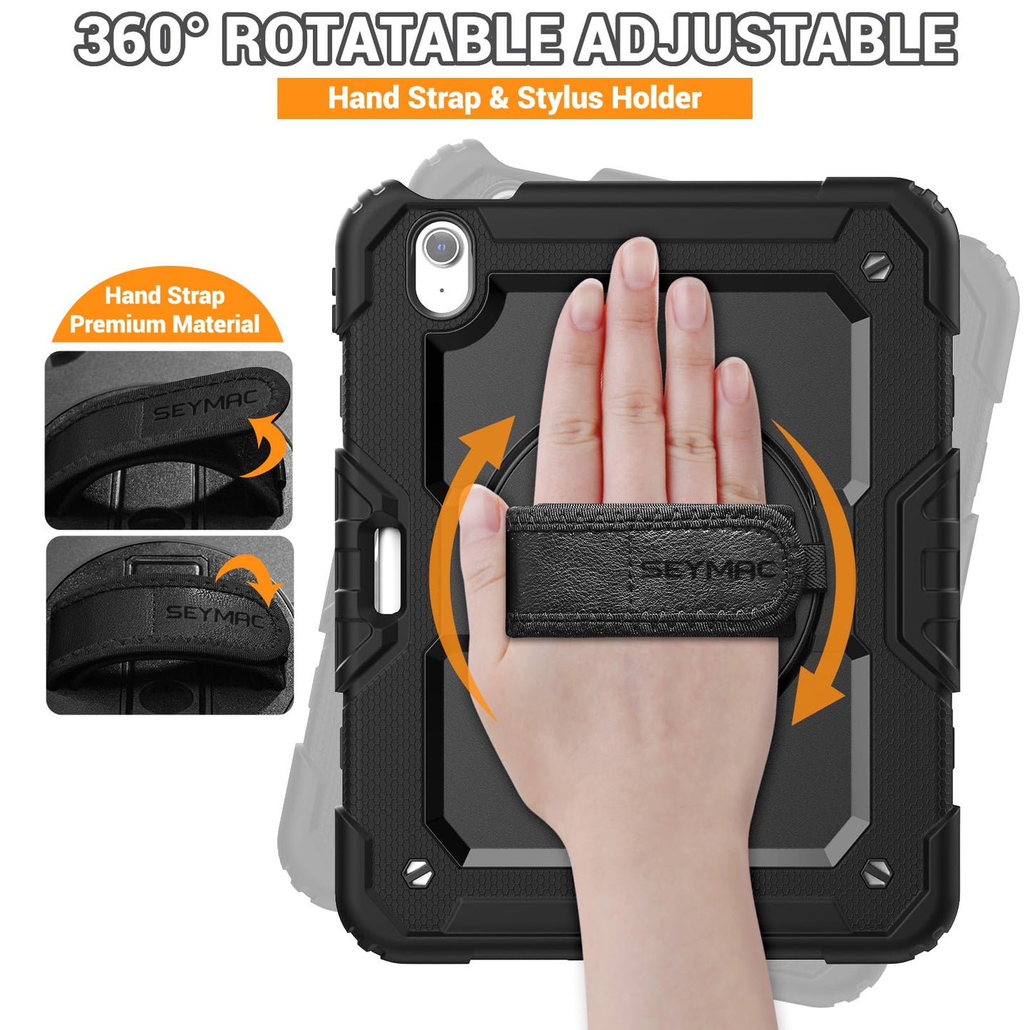 SEYMAC Case for iPad Air 11 Inch M3 2025/M2 2024 (Air 7th/6th Generation), Heavy Duty Shockproof Protective Case with Screen Protector, Rotating Stand and Hand/Shoulder Strap, Black