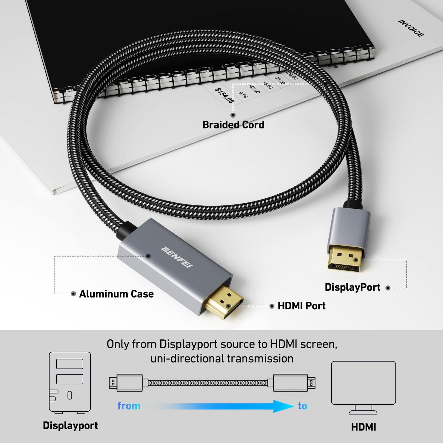 BENFEI 4K DisplayPort to HDMI Cable 1.8M, Uni-Directional DisplayPort to HDMI Cable Gold Plated Cord for Lenovo, HP, ASUS, Dell and Other Brands