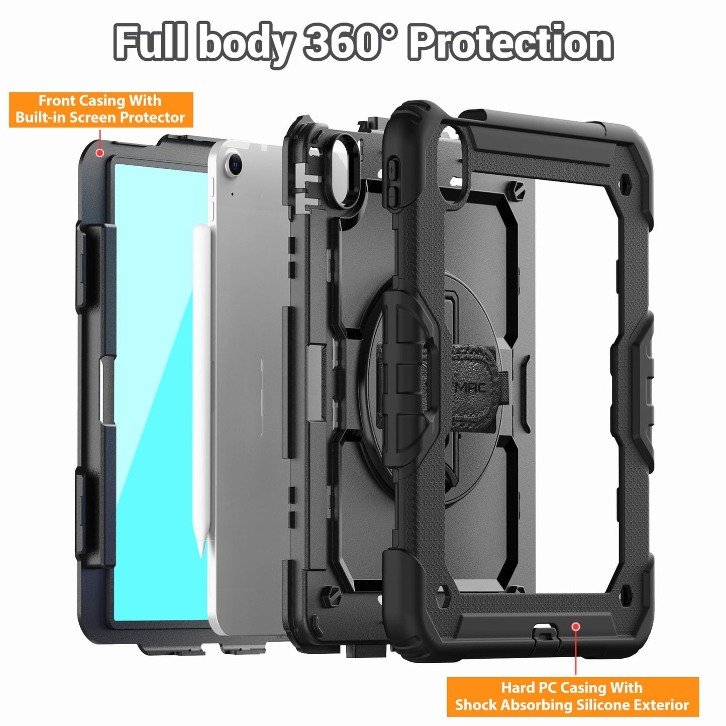 SEYMAC Case for iPad Air 11 Inch M3 2025/M2 2024 (Air 7th/6th Generation), Heavy Duty Shockproof Protective Case with Screen Protector, Rotating Stand and Hand/Shoulder Strap, Black