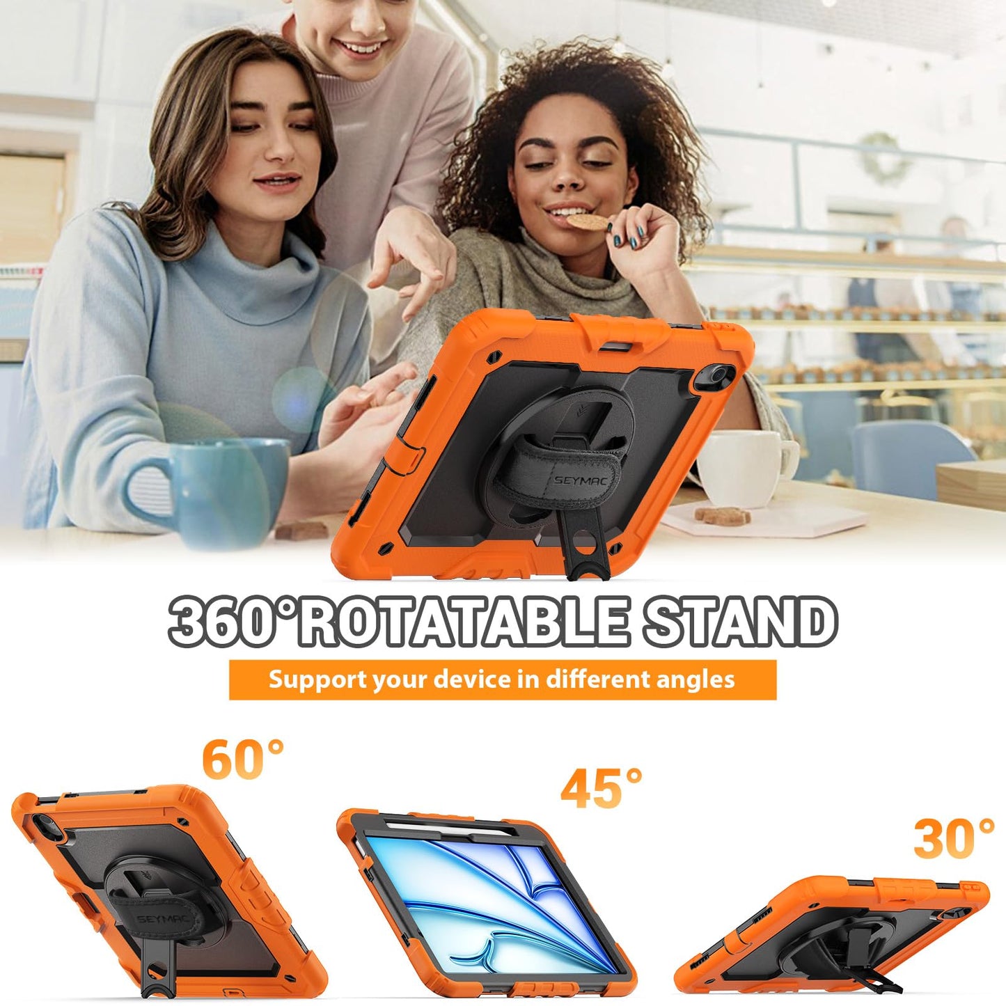 SEYMAC Case for iPad Air 11 Inch M3 2025/M2 2024 (Air 7th/6th Generation), Heavy Duty Shockproof Protective Case with Screen Protector, Rotating Stand and Hand/Shoulder Strap, Black