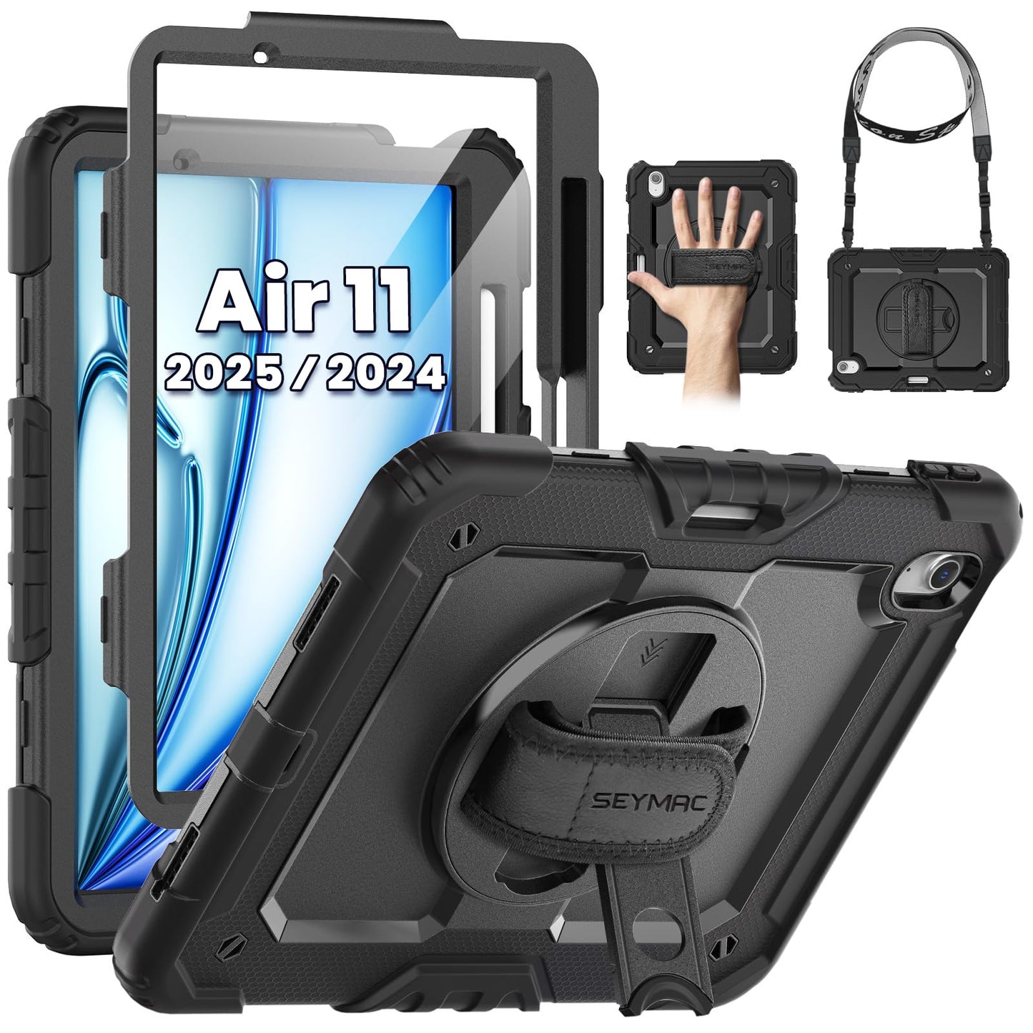 SEYMAC Case for iPad Air 11 Inch M3 2025/M2 2024 (Air 7th/6th Generation), Heavy Duty Shockproof Protective Case with Screen Protector, Rotating Stand and Hand/Shoulder Strap, Black