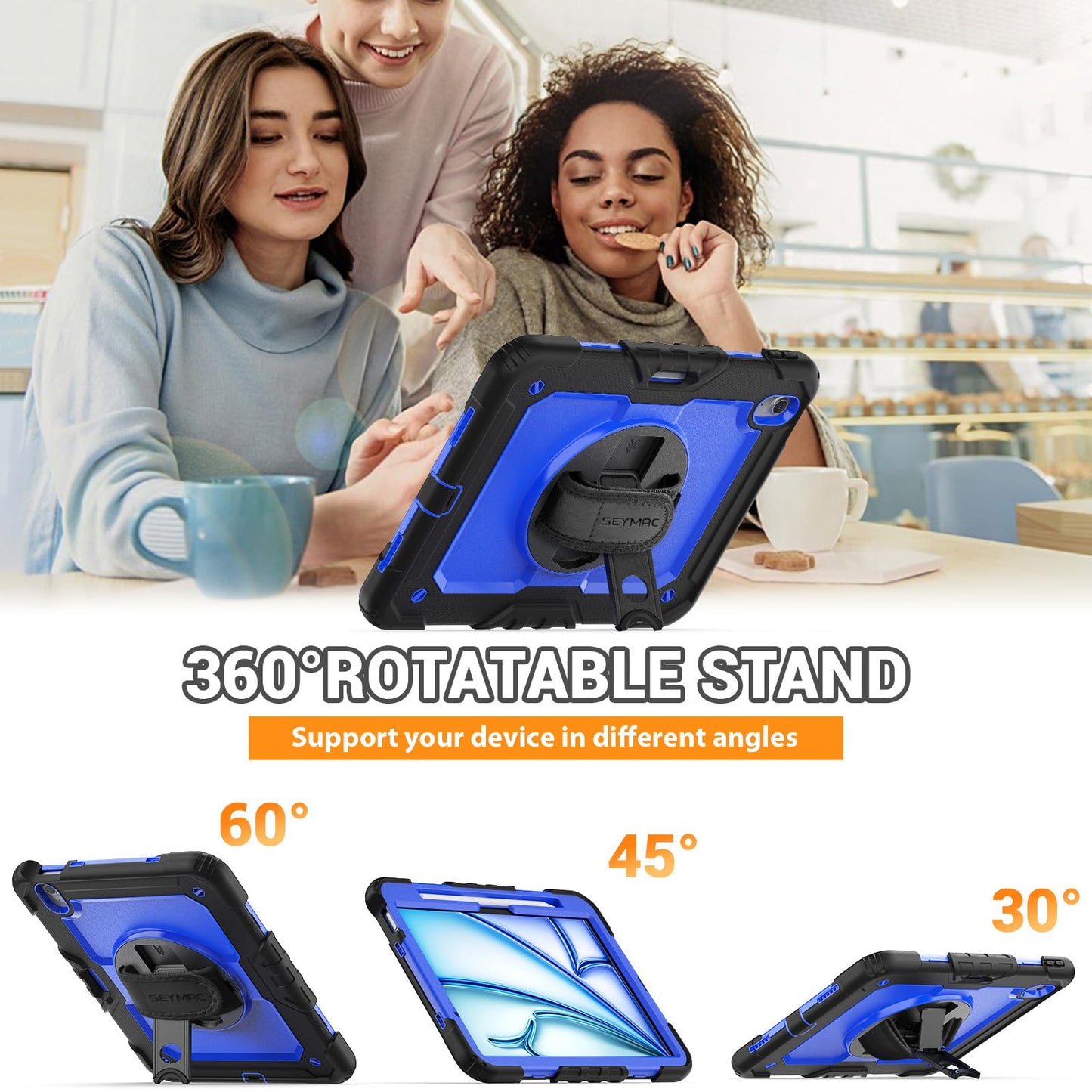 SEYMAC Case for iPad Air 11 Inch M3 2025/M2 2024 (Air 7th/6th Generation), Heavy Duty Shockproof Protective Case with Screen Protector, Rotating Stand and Hand/Shoulder Strap, Black