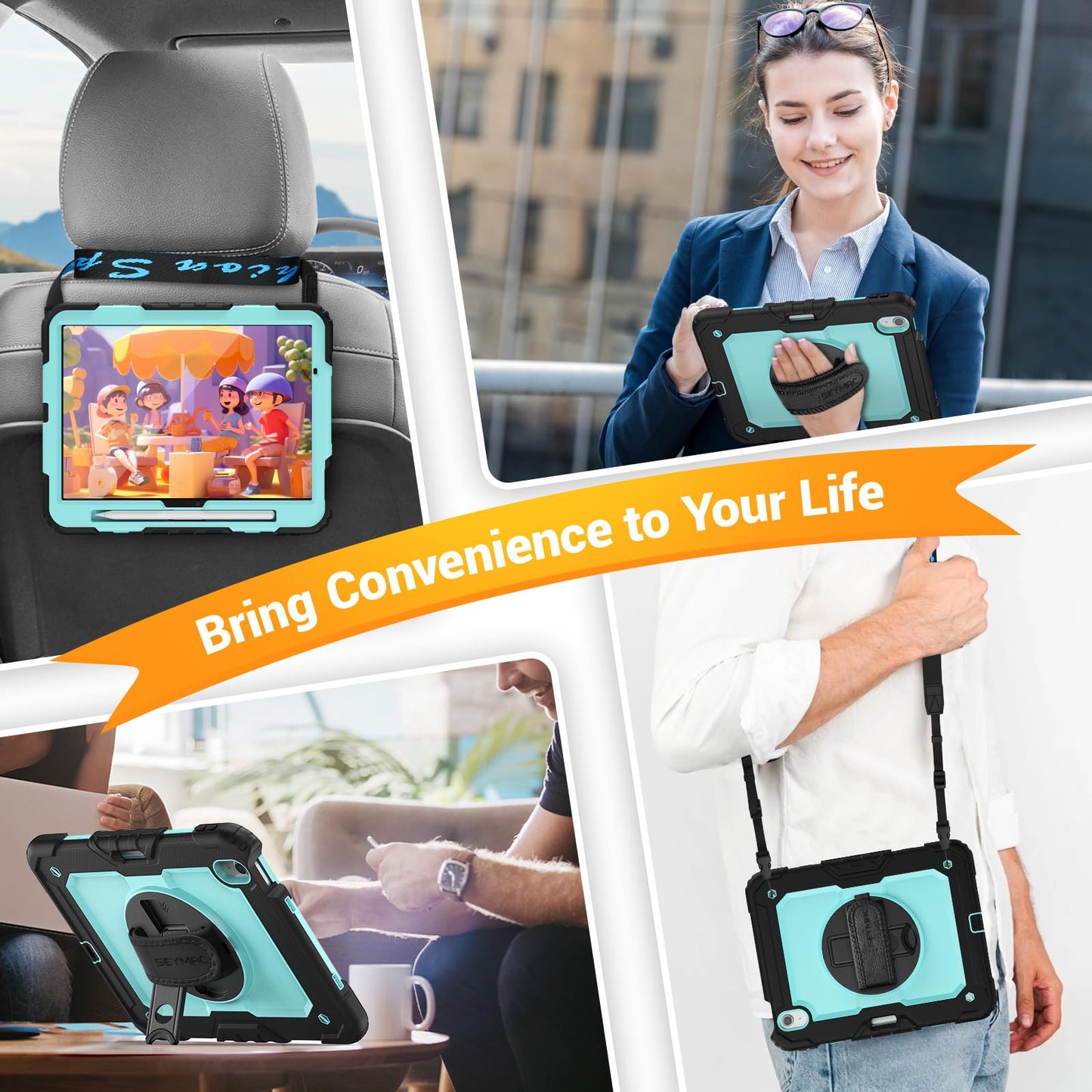 SEYMAC Case for iPad Air 11 Inch M3 2025/M2 2024 (Air 7th/6th Generation), Heavy Duty Shockproof Protective Case with Screen Protector, Rotating Stand and Hand/Shoulder Strap, Black