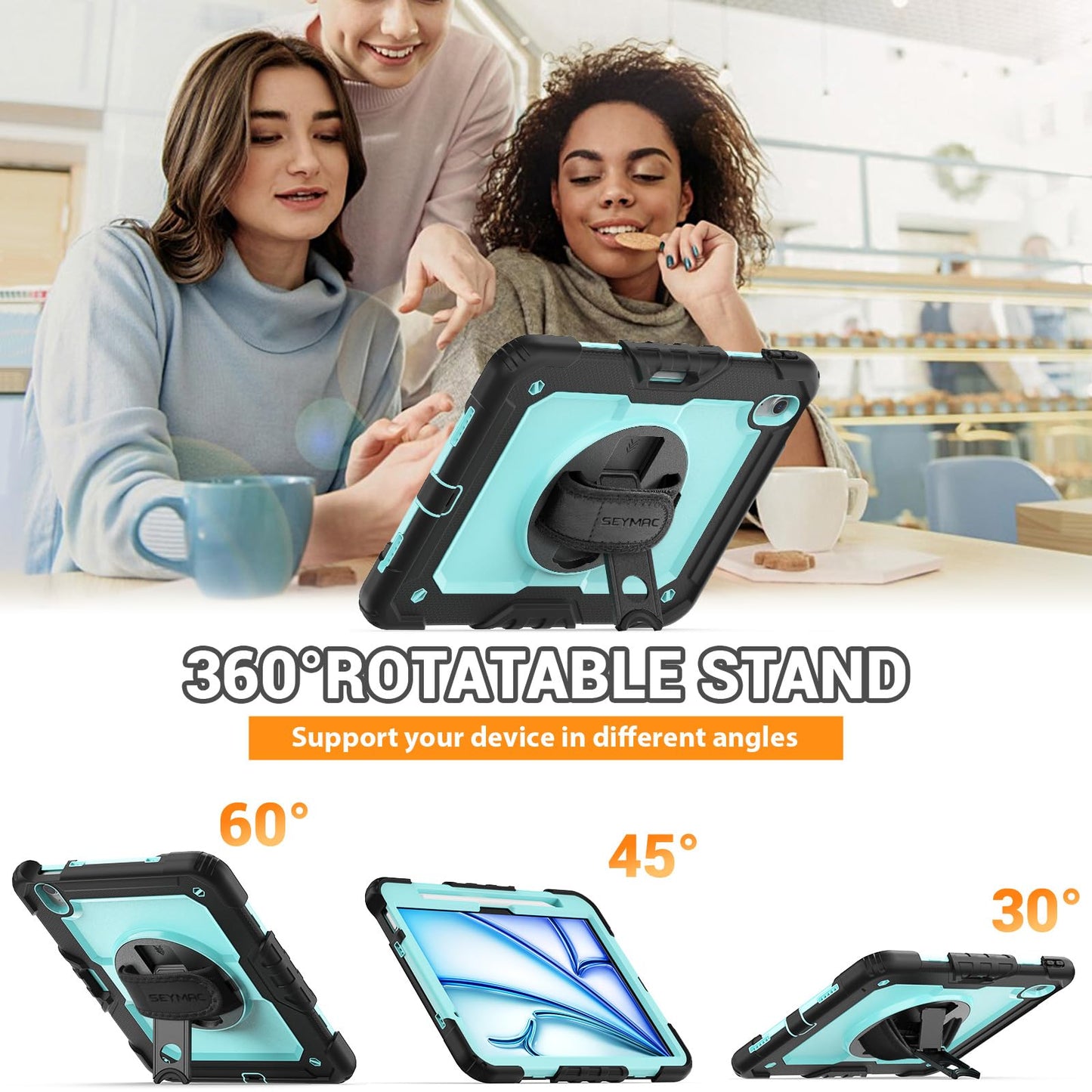 SEYMAC Case for iPad Air 11 Inch M3 2025/M2 2024 (Air 7th/6th Generation), Heavy Duty Shockproof Protective Case with Screen Protector, Rotating Stand and Hand/Shoulder Strap, Black