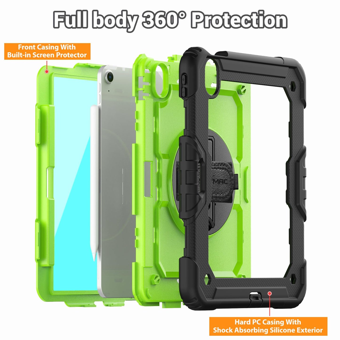 SEYMAC Case for iPad Air 11 Inch M3 2025/M2 2024 (Air 7th/6th Generation), Heavy Duty Shockproof Protective Case with Screen Protector, Rotating Stand and Hand/Shoulder Strap, Black
