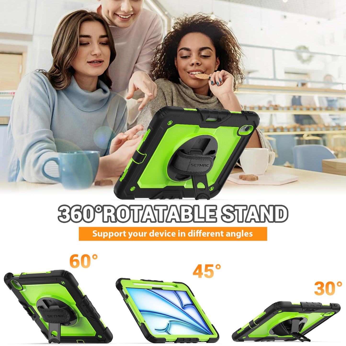 SEYMAC Case for iPad Air 11 Inch M3 2025/M2 2024 (Air 7th/6th Generation), Heavy Duty Shockproof Protective Case with Screen Protector, Rotating Stand and Hand/Shoulder Strap, Black