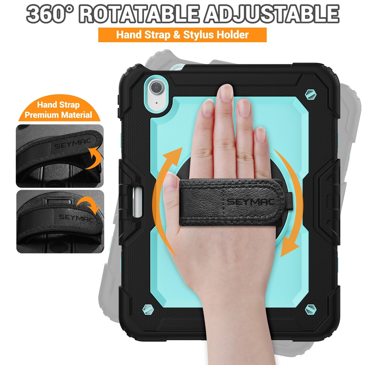 SEYMAC Case for iPad Air 11 Inch M3 2025/M2 2024 (Air 7th/6th Generation), Heavy Duty Shockproof Protective Case with Screen Protector, Rotating Stand and Hand/Shoulder Strap, Black