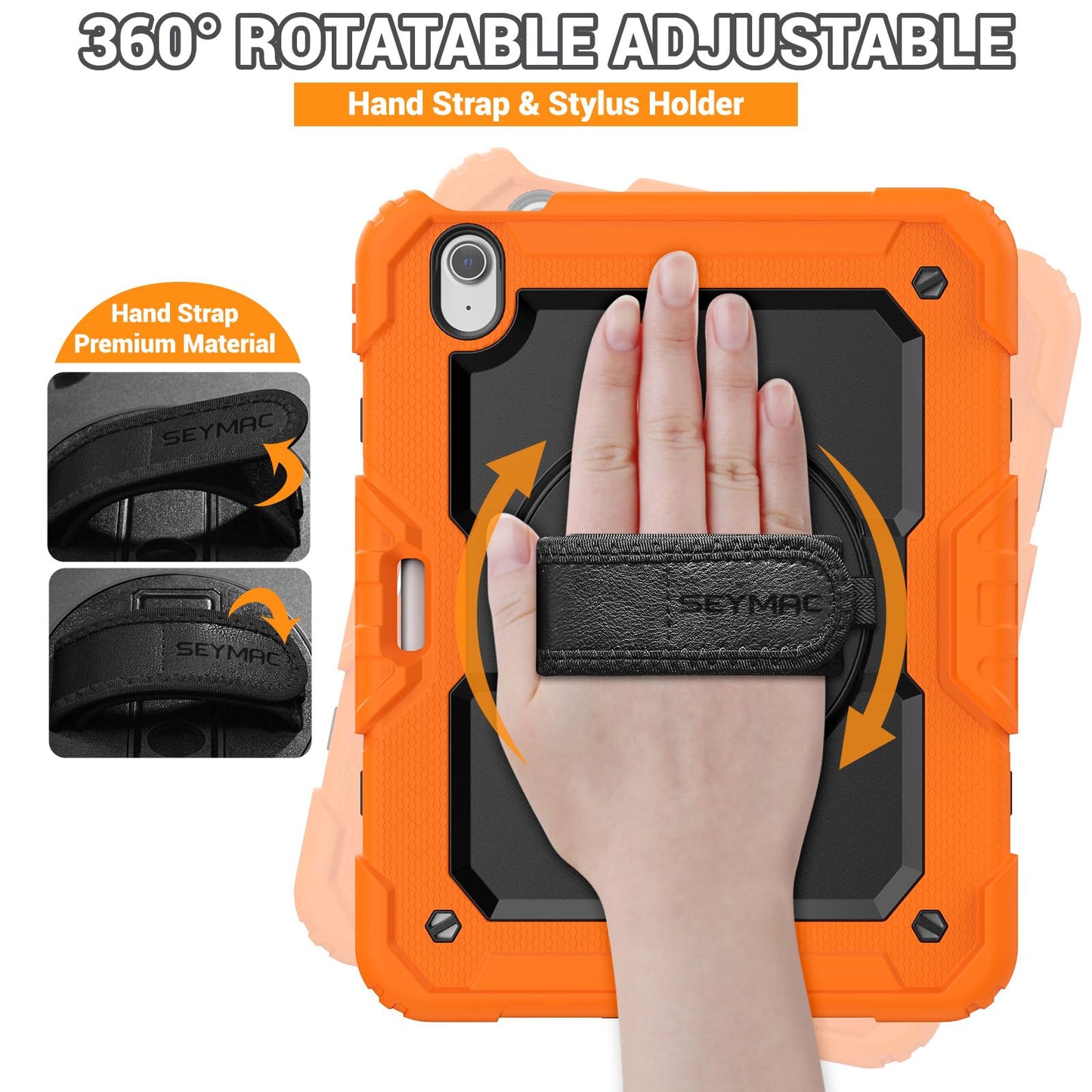 SEYMAC Case for iPad Air 11 Inch M3 2025/M2 2024 (Air 7th/6th Generation), Heavy Duty Shockproof Protective Case with Screen Protector, Rotating Stand and Hand/Shoulder Strap, Black