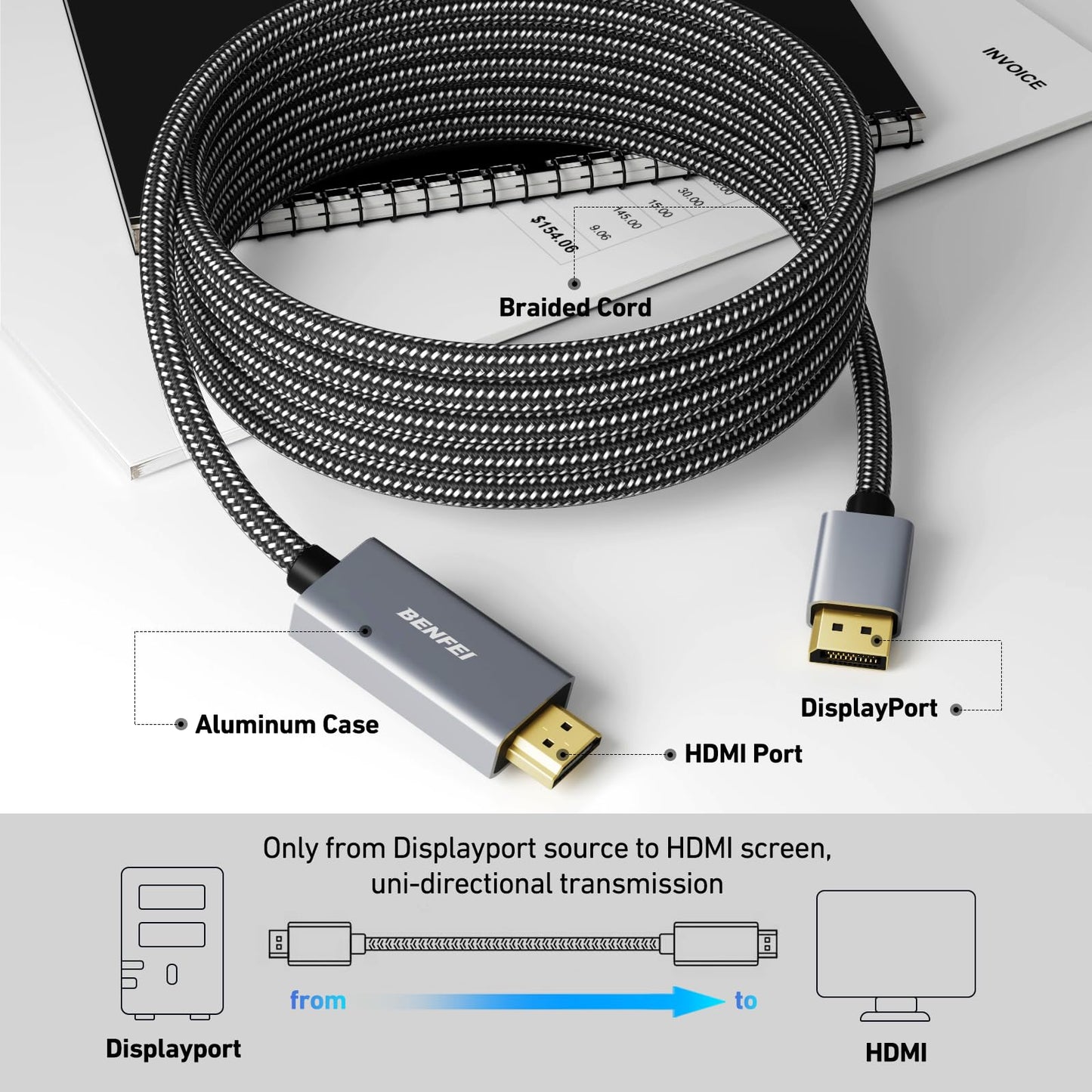 BENFEI 4K DisplayPort to HDMI Cable 1.8M, Uni-Directional DisplayPort to HDMI Cable Gold Plated Cord for Lenovo, HP, ASUS, Dell and Other Brands