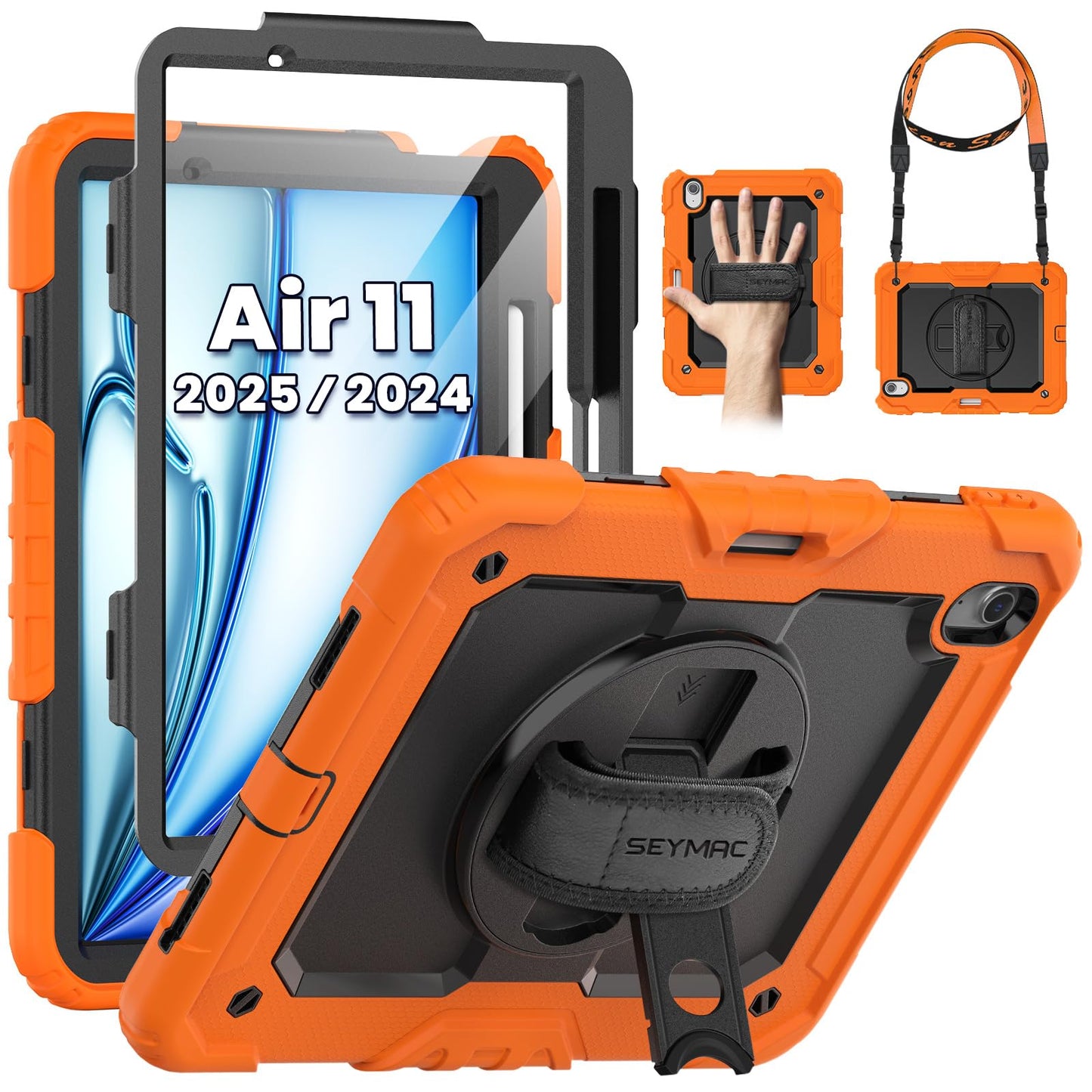 SEYMAC Case for iPad Air 11 Inch M3 2025/M2 2024 (Air 7th/6th Generation), Heavy Duty Shockproof Protective Case with Screen Protector, Rotating Stand and Hand/Shoulder Strap, Black