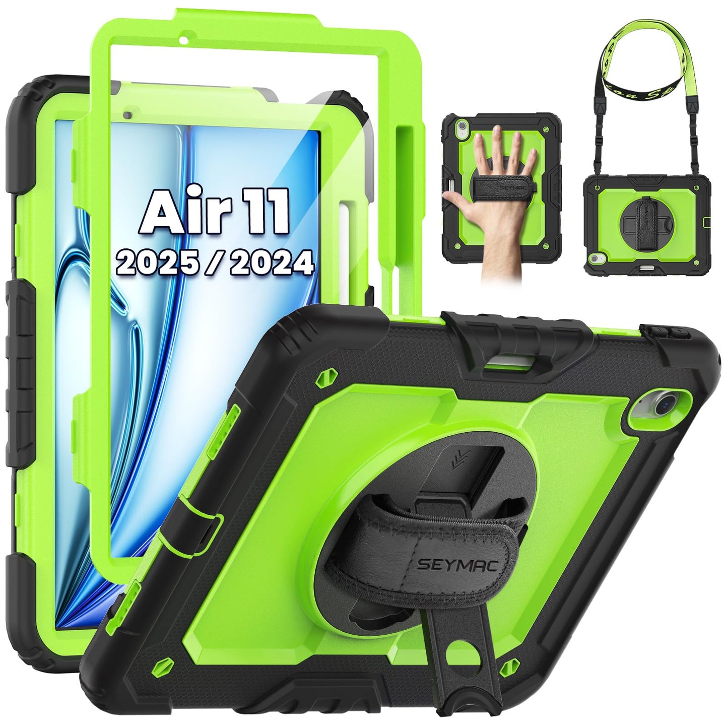 SEYMAC Case for iPad Air 11 Inch M3 2025/M2 2024 (Air 7th/6th Generation), Heavy Duty Shockproof Protective Case with Screen Protector, Rotating Stand and Hand/Shoulder Strap, Black