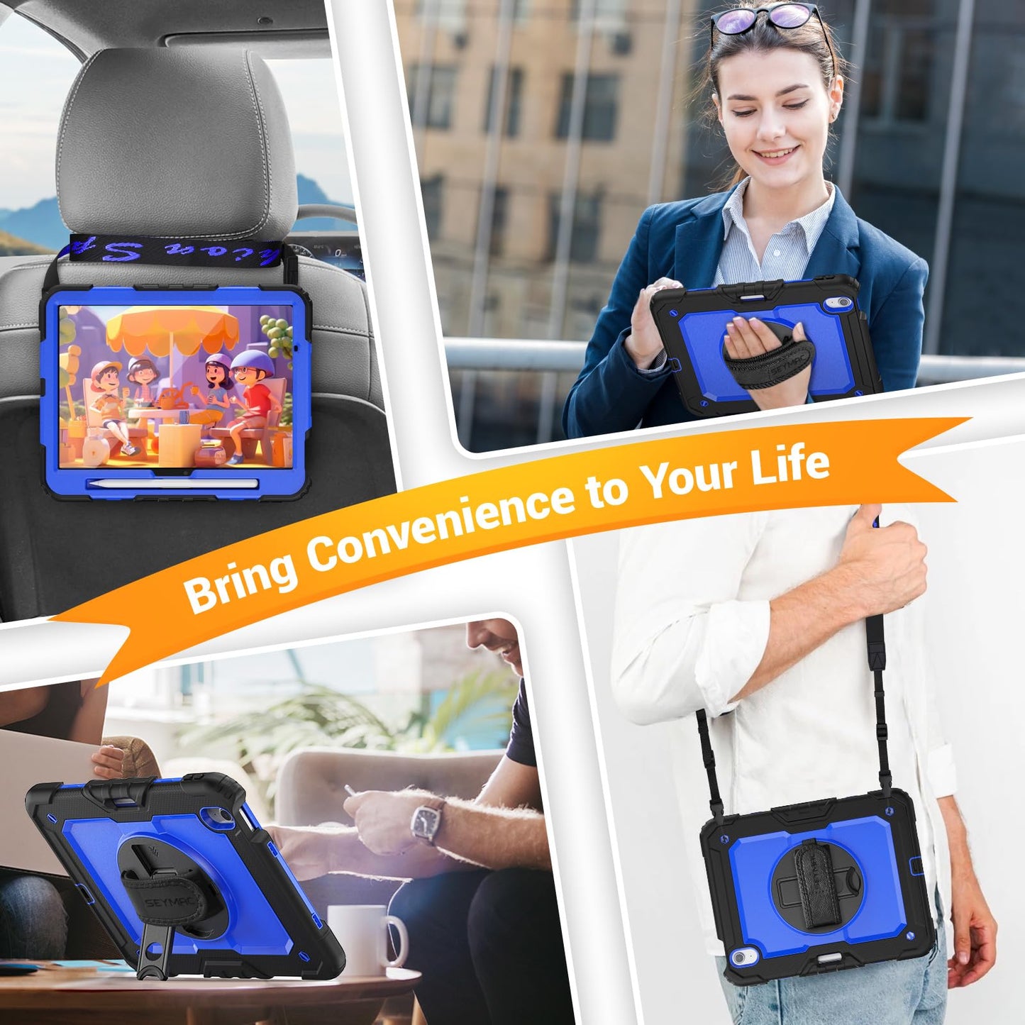 SEYMAC Case for iPad Air 11 Inch M3 2025/M2 2024 (Air 7th/6th Generation), Heavy Duty Shockproof Protective Case with Screen Protector, Rotating Stand and Hand/Shoulder Strap, Black