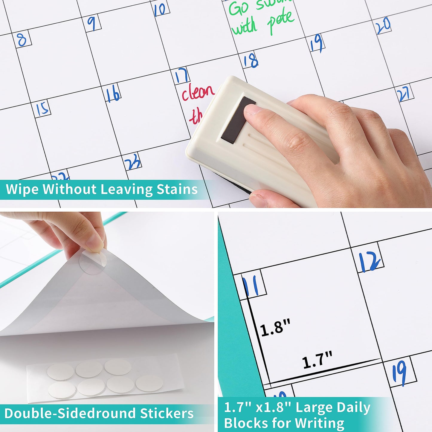 Large Dry Erase Calendar for Wall - Undated 12 Month Wall Calendar, 37”×58", Yearly Wall Calendar Dry Erase, Erasable & Reusable Calendar with 15 Round Stickers, Green Large Wall Calendar Dry Erase