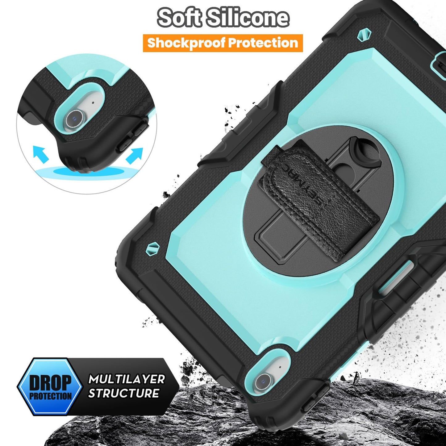 SEYMAC Case for iPad Air 11 Inch M3 2025/M2 2024 (Air 7th/6th Generation), Heavy Duty Shockproof Protective Case with Screen Protector, Rotating Stand and Hand/Shoulder Strap, Black