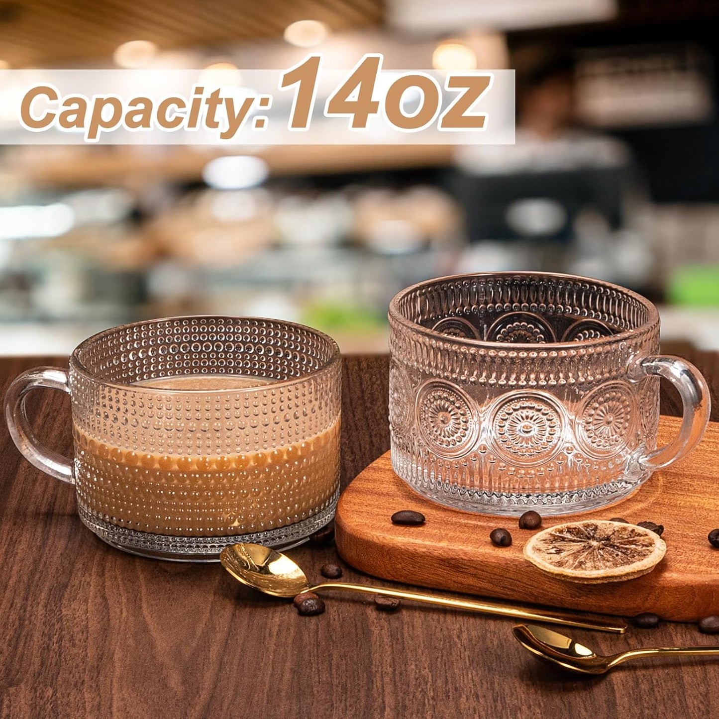 Vintage Coffee Mugs 4pcs Set, Clear Embossed Tea Cups with Bamboo Lids and Spoons, 14 Oz Glass Coffee Cups, Cute Coffee Bar Accessories, Iced Coffee Glasses, Ideal for Cappuccino, Latte (Transparent)