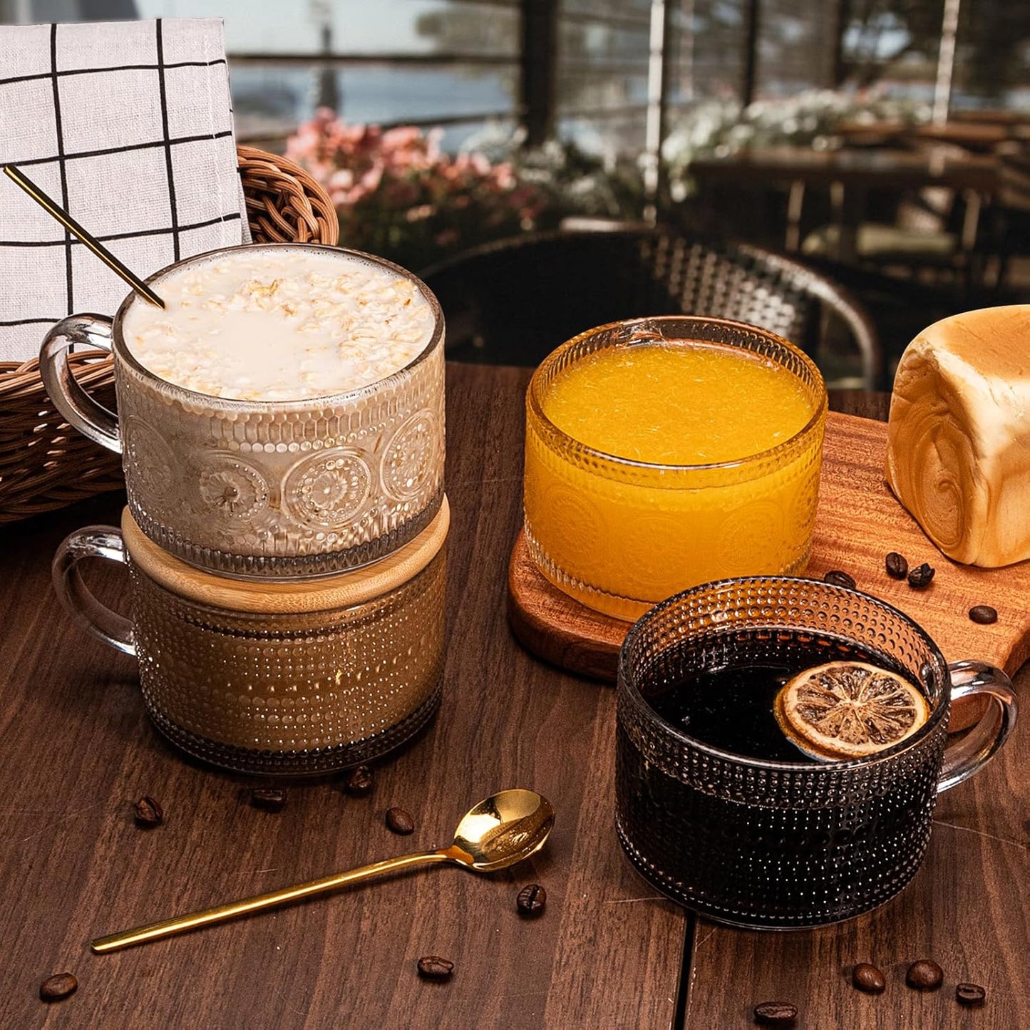 Vintage Coffee Mugs 4pcs Set, Clear Embossed Tea Cups with Bamboo Lids and Spoons, 14 Oz Glass Coffee Cups, Cute Coffee Bar Accessories, Iced Coffee Glasses, Ideal for Cappuccino, Latte (Transparent)