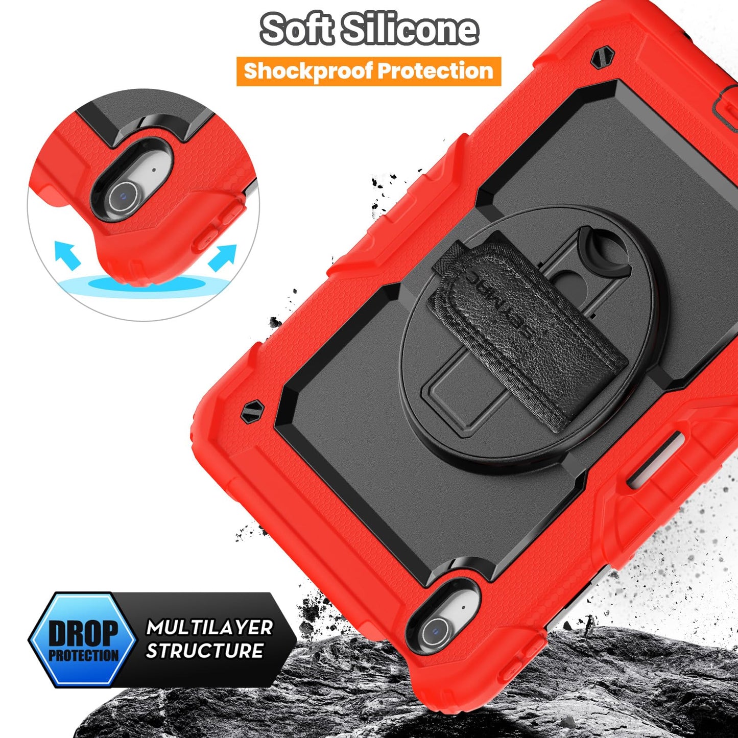 SEYMAC Case for iPad Air 11 Inch M3 2025/M2 2024 (Air 7th/6th Generation), Heavy Duty Shockproof Protective Case with Screen Protector, Rotating Stand and Hand/Shoulder Strap, Black