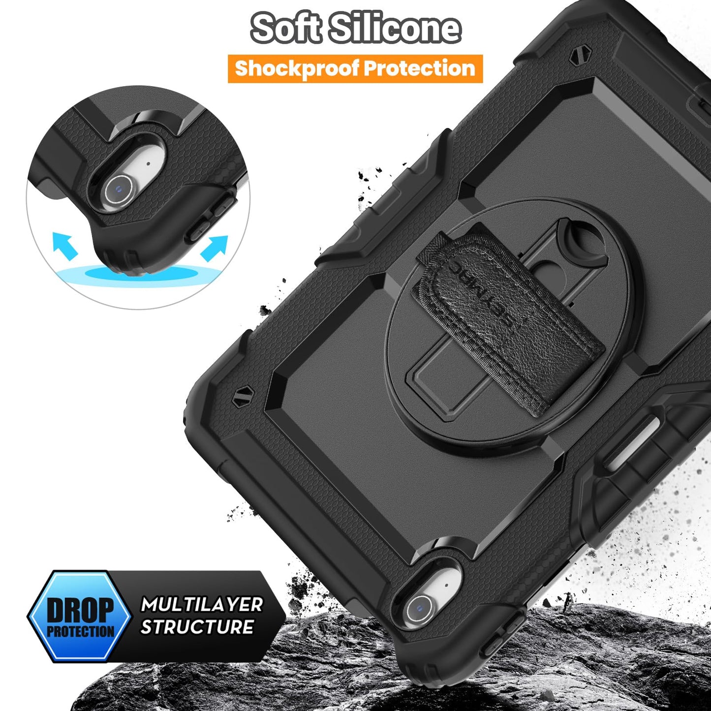 SEYMAC Case for iPad Air 11 Inch M3 2025/M2 2024 (Air 7th/6th Generation), Heavy Duty Shockproof Protective Case with Screen Protector, Rotating Stand and Hand/Shoulder Strap, Black
