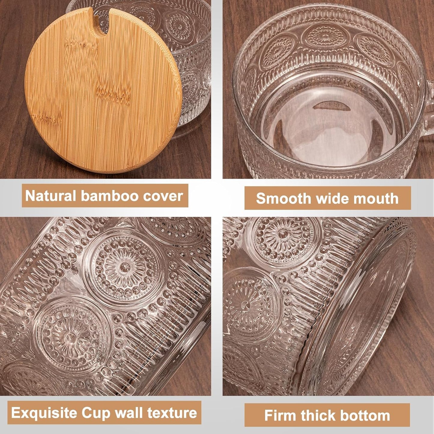 Vintage Coffee Mugs 4pcs Set, Clear Embossed Tea Cups with Bamboo Lids and Spoons, 14 Oz Glass Coffee Cups, Cute Coffee Bar Accessories, Iced Coffee Glasses, Ideal for Cappuccino, Latte (Transparent)