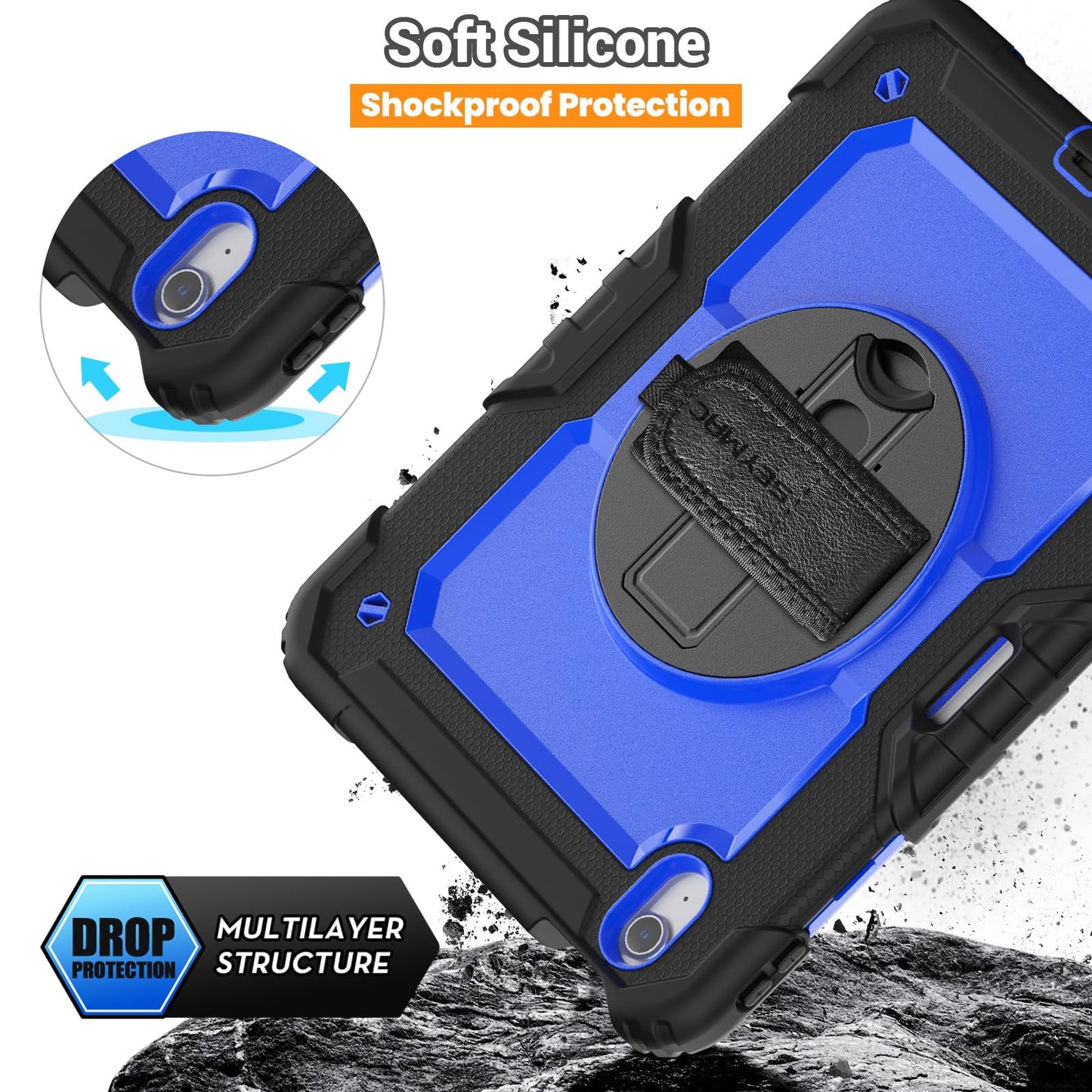 SEYMAC Case for iPad Air 11 Inch M3 2025/M2 2024 (Air 7th/6th Generation), Heavy Duty Shockproof Protective Case with Screen Protector, Rotating Stand and Hand/Shoulder Strap, Black