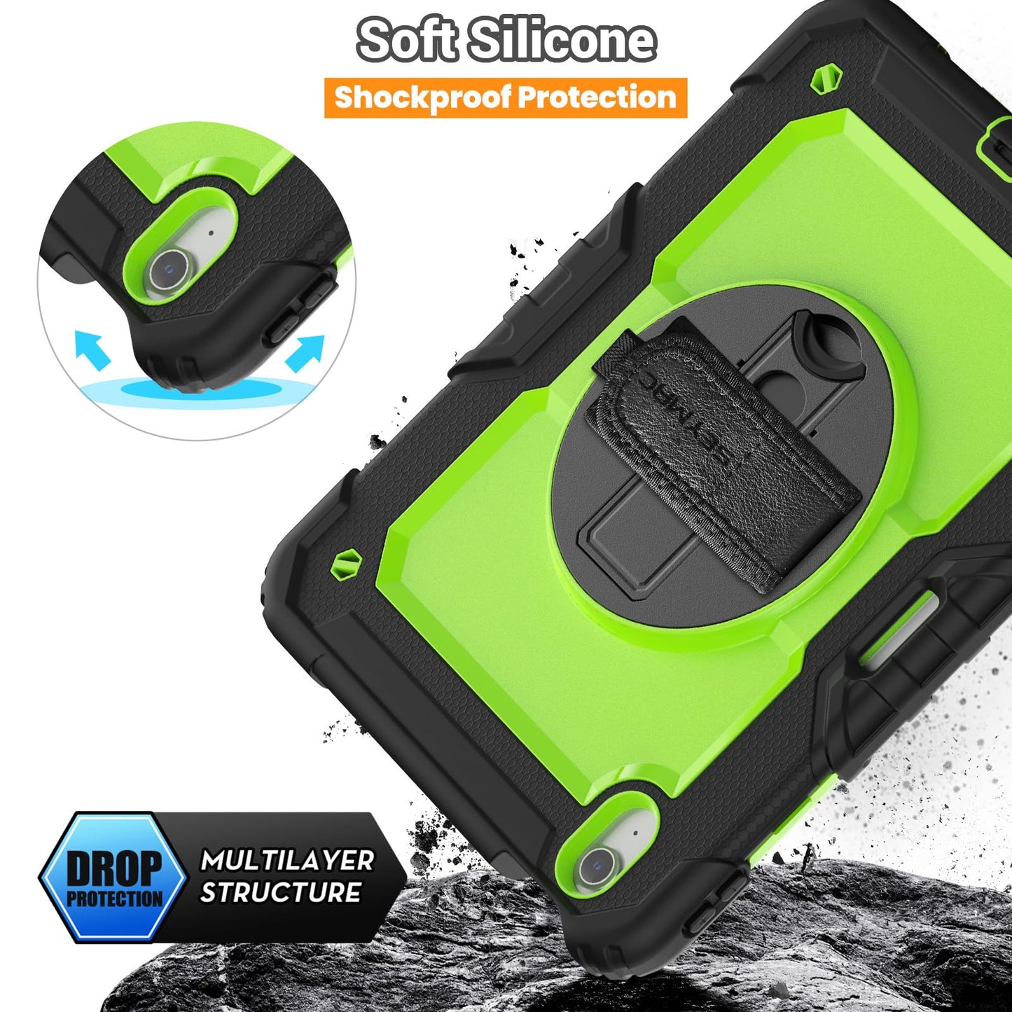 SEYMAC Case for iPad Air 11 Inch M3 2025/M2 2024 (Air 7th/6th Generation), Heavy Duty Shockproof Protective Case with Screen Protector, Rotating Stand and Hand/Shoulder Strap, Black