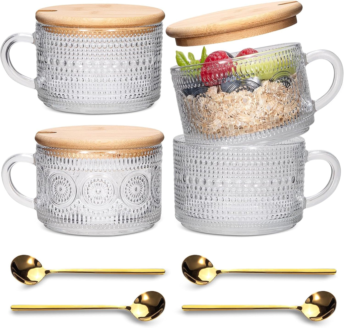 Vintage Coffee Mugs 4pcs Set, Clear Embossed Tea Cups with Bamboo Lids and Spoons, 14 Oz Glass Coffee Cups, Cute Coffee Bar Accessories, Iced Coffee Glasses, Ideal for Cappuccino, Latte (Transparent)