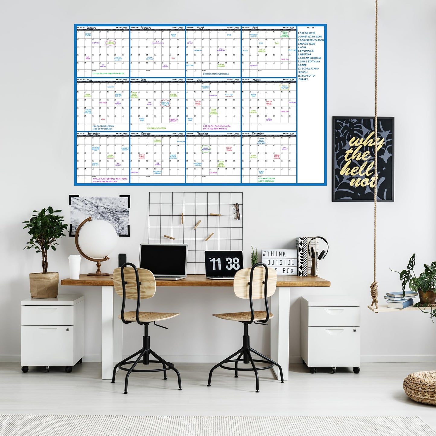 Large Dry Erase Calendar for Wall - Undated 12 Month Wall Calendar, 37”×58", Yearly Wall Calendar Dry Erase, Erasable & Reusable Calendar with 15 Round Stickers, Green Large Wall Calendar Dry Erase