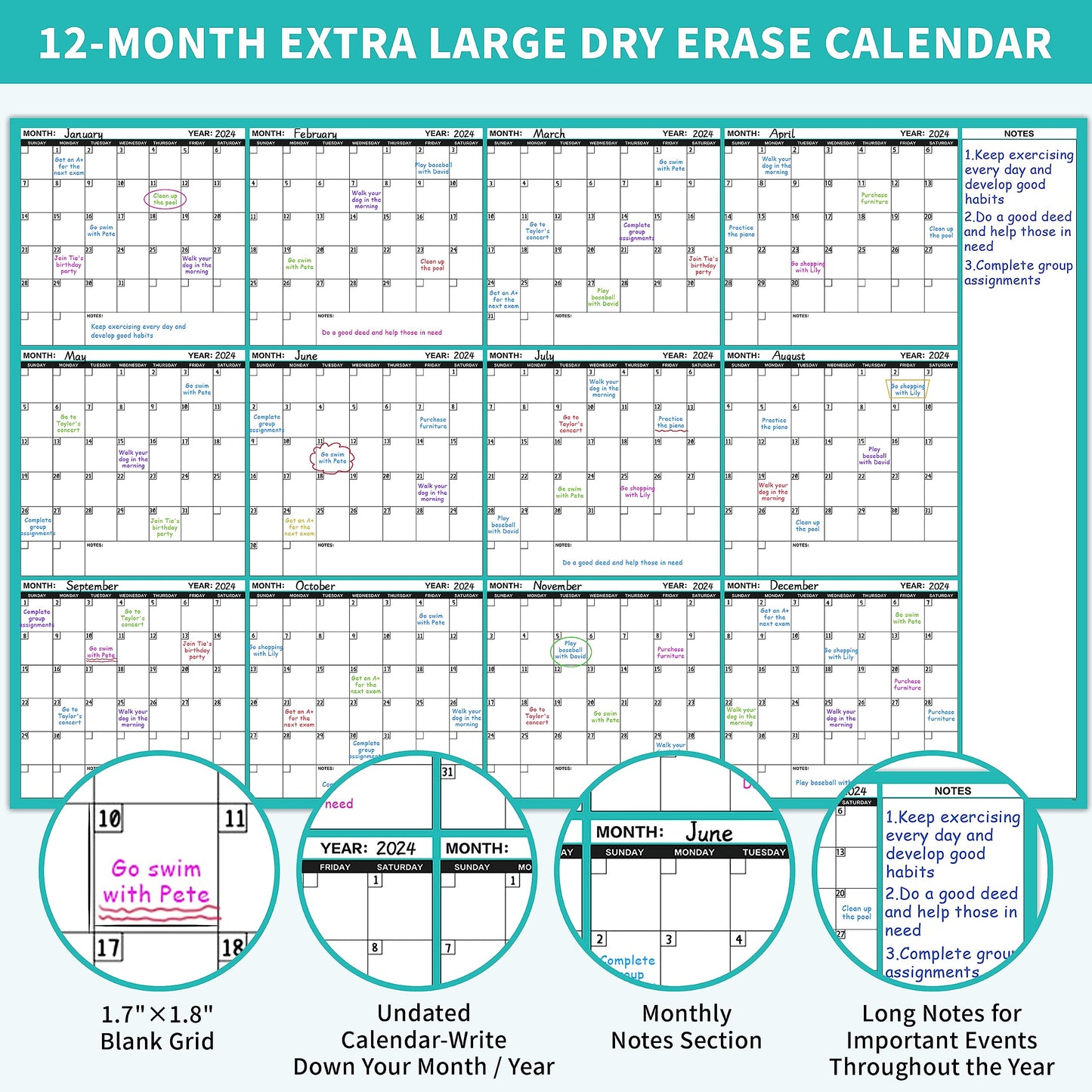 Large Dry Erase Calendar for Wall - Undated 12 Month Wall Calendar, 37”×58", Yearly Wall Calendar Dry Erase, Erasable & Reusable Calendar with 15 Round Stickers, Green Large Wall Calendar Dry Erase